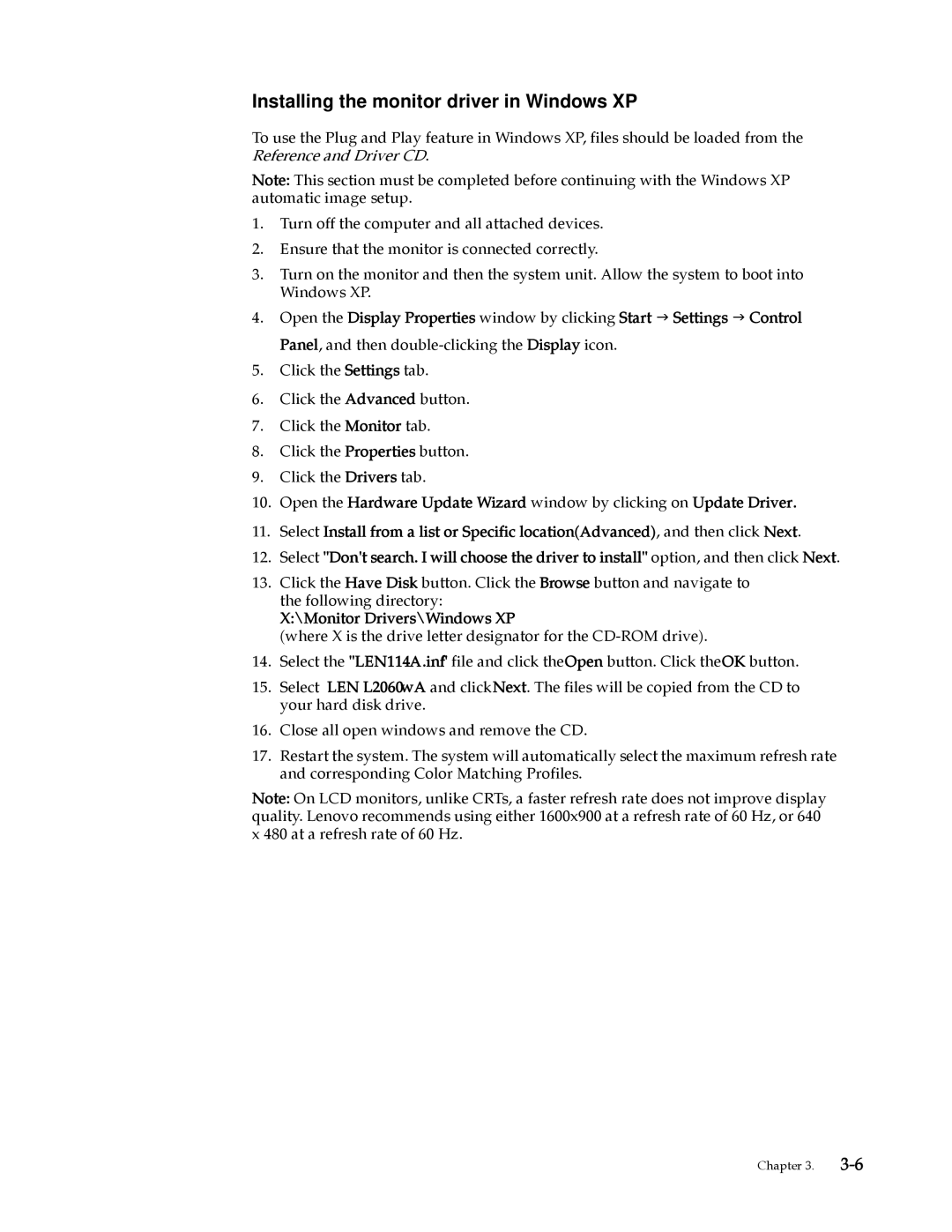 Lenovo L2060 manual Installing the monitor driver in Windows XP 