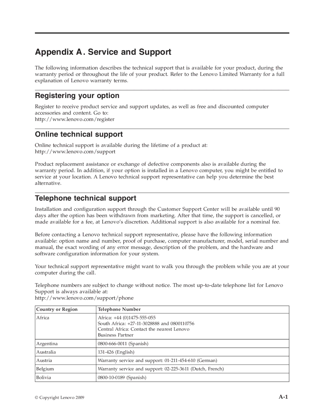 Lenovo L2060 manual Appendix a . Service and Support, Country or Region Telephone Number 