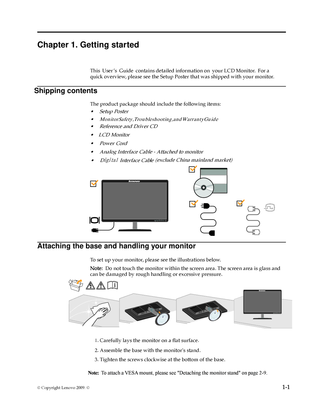 Lenovo L2060 manual Shipping contents, Attaching the base and handling your monitor 