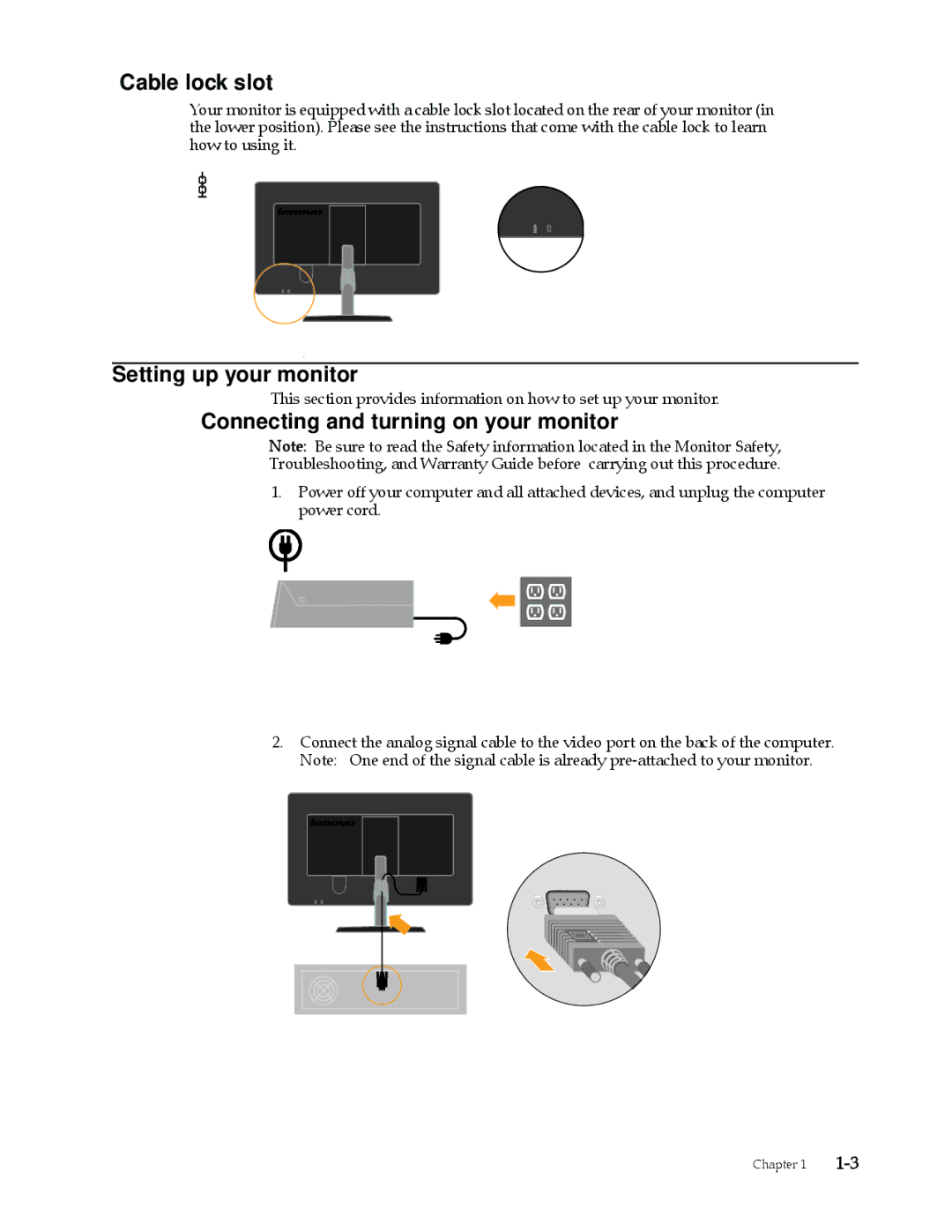 Lenovo L2060 manual Cable lock slot, Setting up your monitor, Connecting and turning on your monitor 