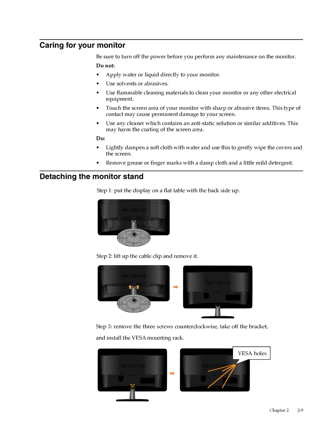 Lenovo L2062 manual Caring for your monitor, Detaching the monitor stand 