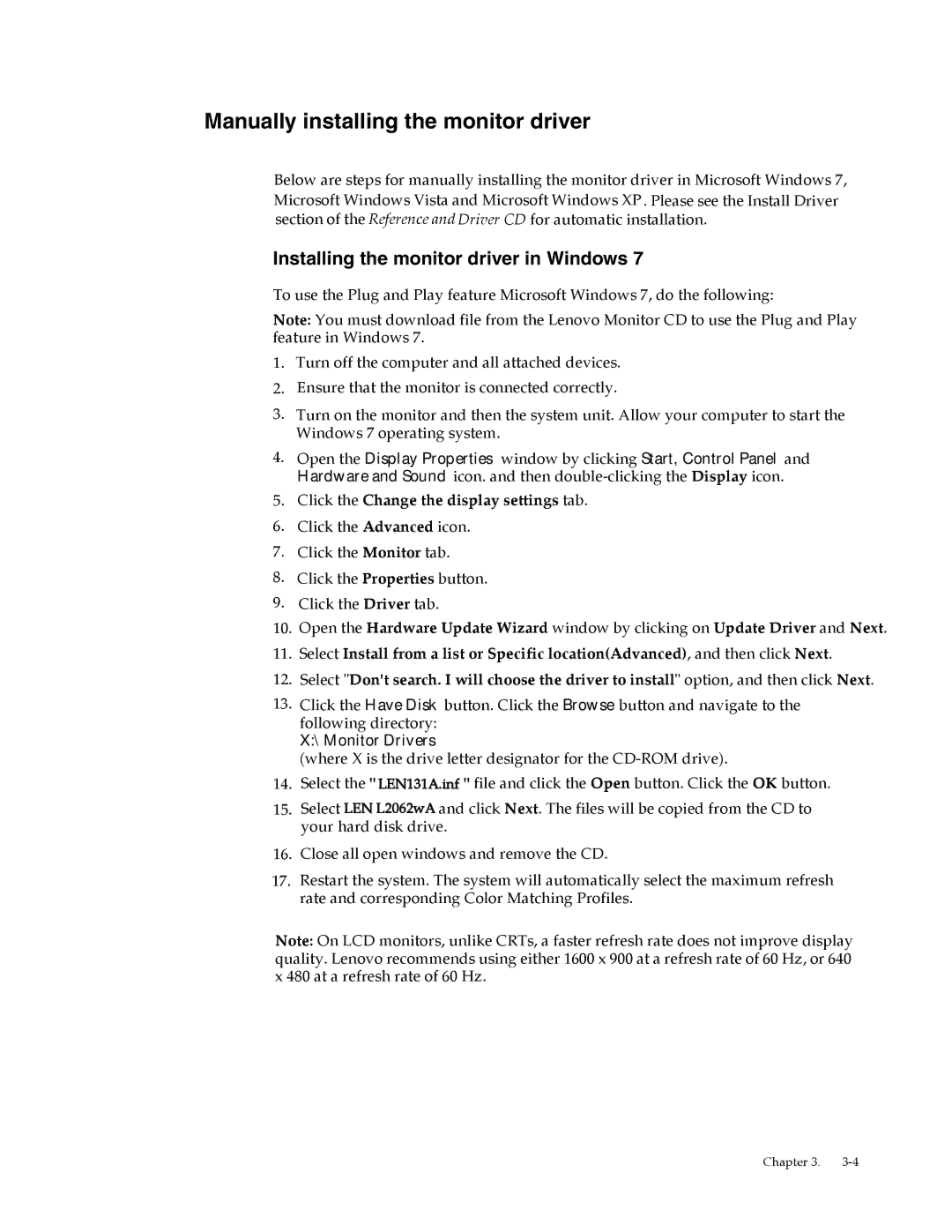Lenovo L2062 manual Manually installing the monitor driver, Installing the monitor driver in Windows 