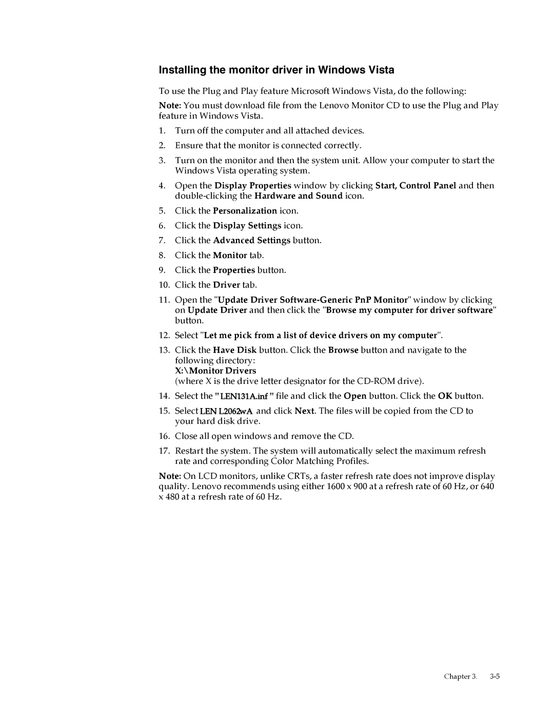 Lenovo L2062 manual Installing the monitor driver in Windows Vista 