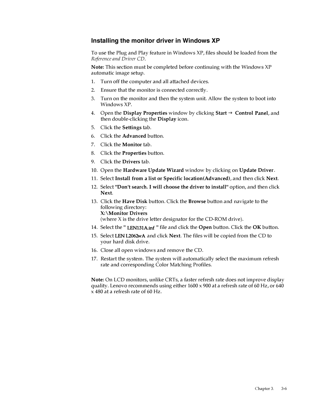 Lenovo L2062 manual Installing the monitor driver in Windows XP 