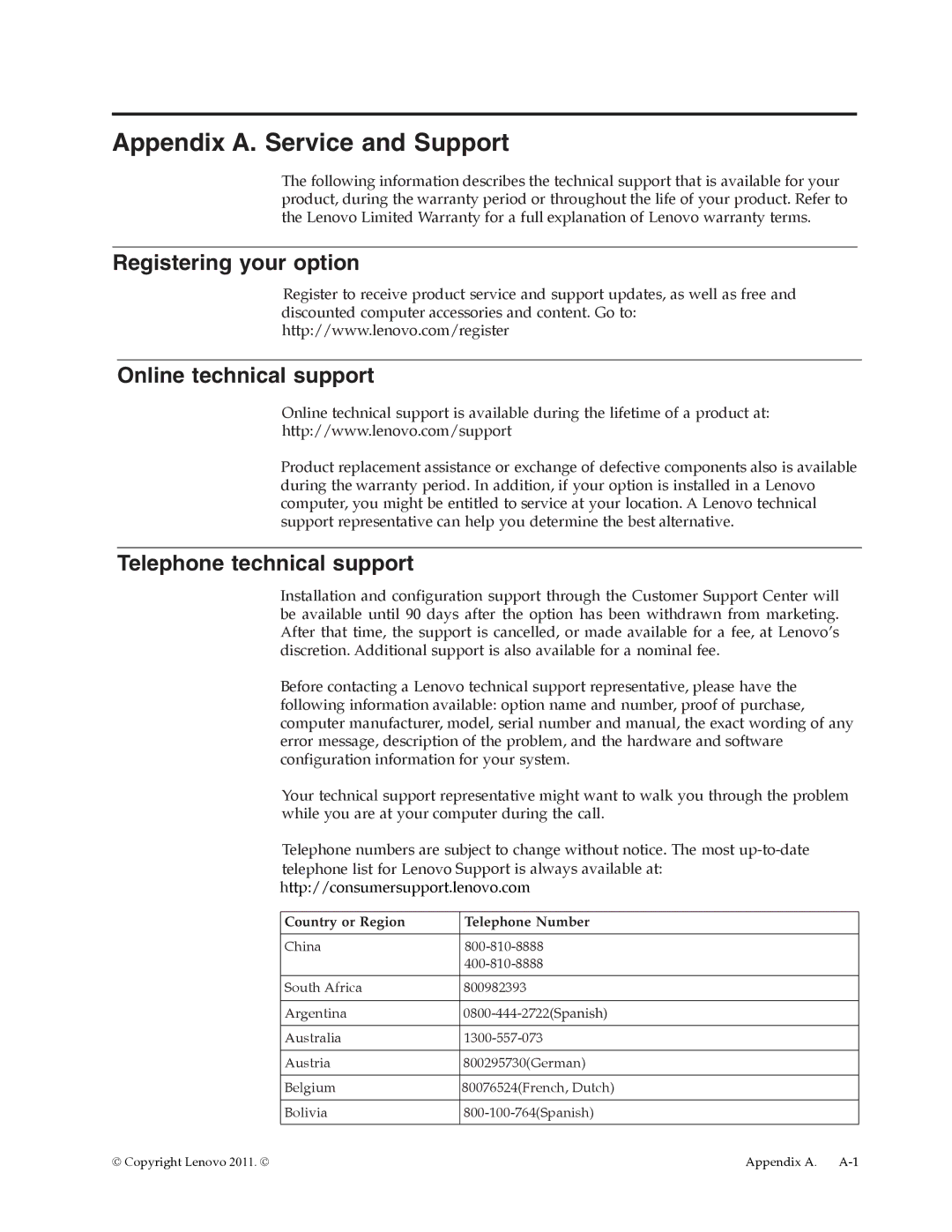 Lenovo L2062 manual Appendix A. Service and Support, Registering your option Online technical support 