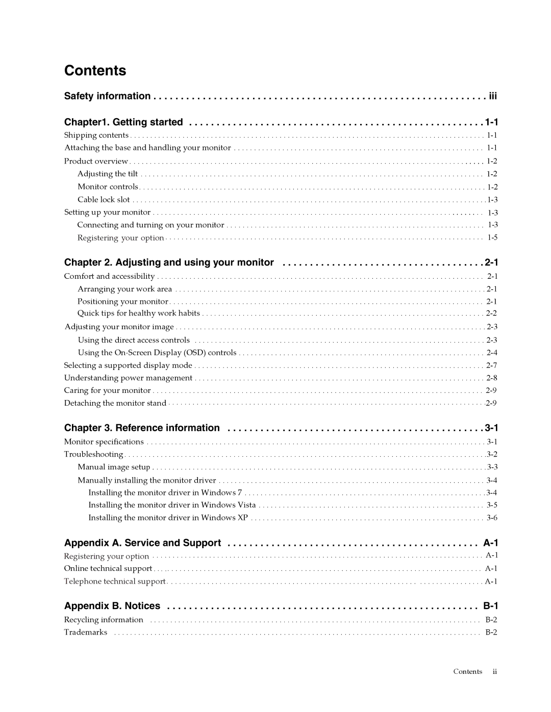 Lenovo L2062 manual Contents 