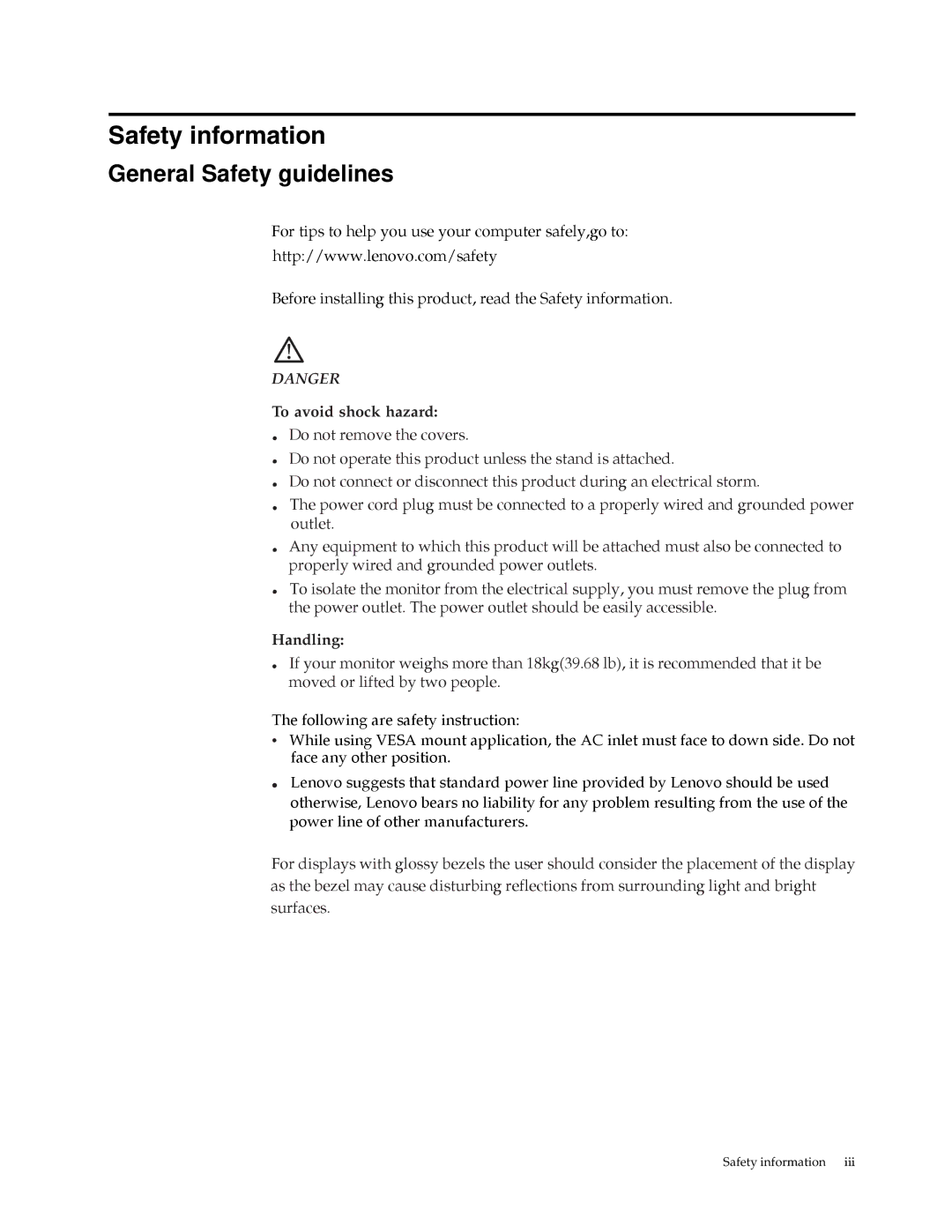 Lenovo L2062 manual Safety information, General Safety guidelines 