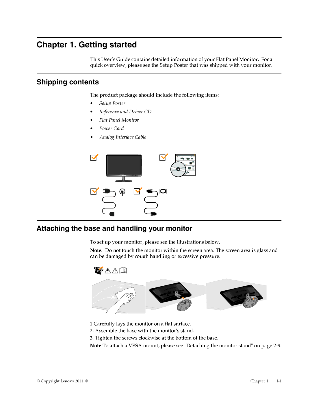 Lenovo L2062 manual Getting started, Shipping contents, Attaching the base and handling your monitor 