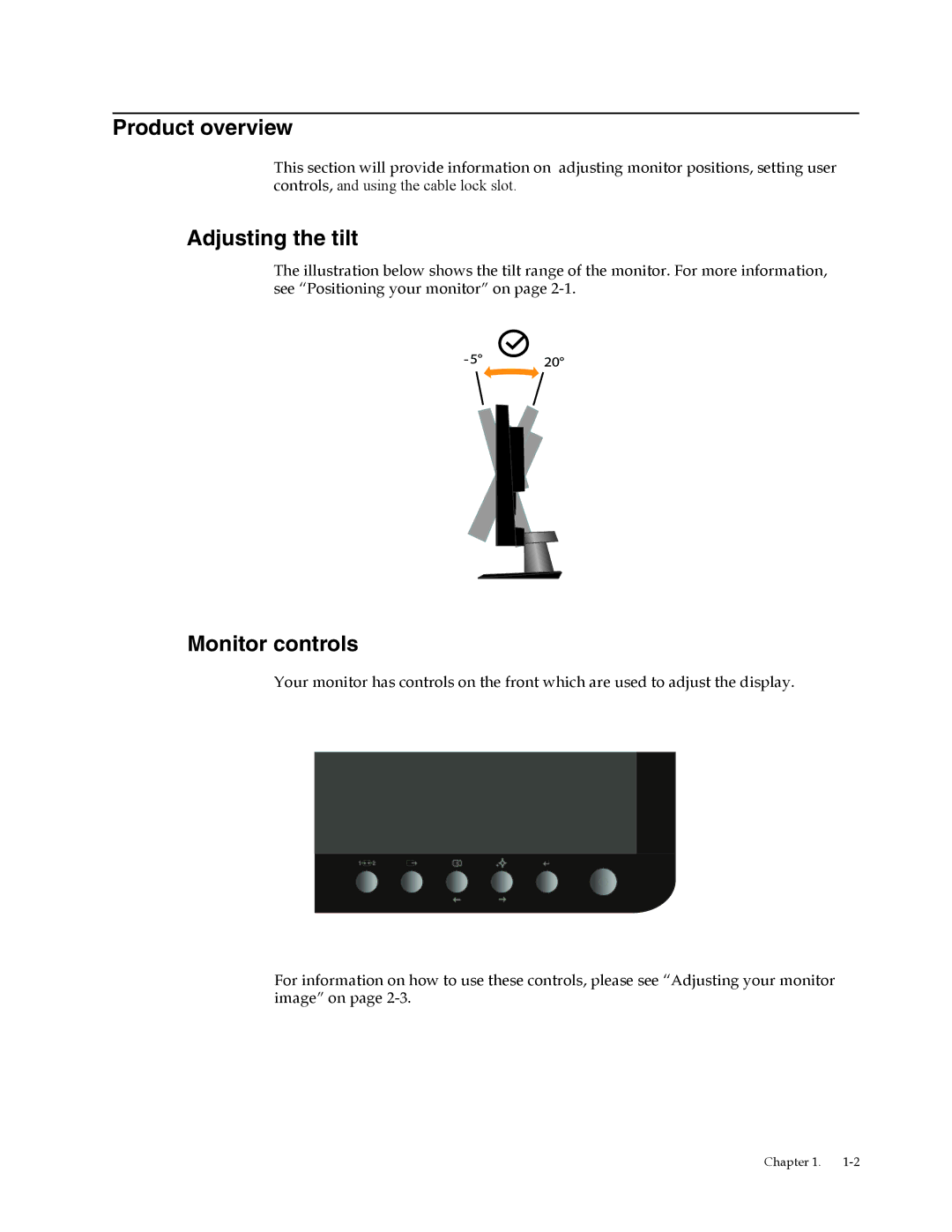 Lenovo L2062 manual Product overview, Adjusting the tilt, Monitor controls 