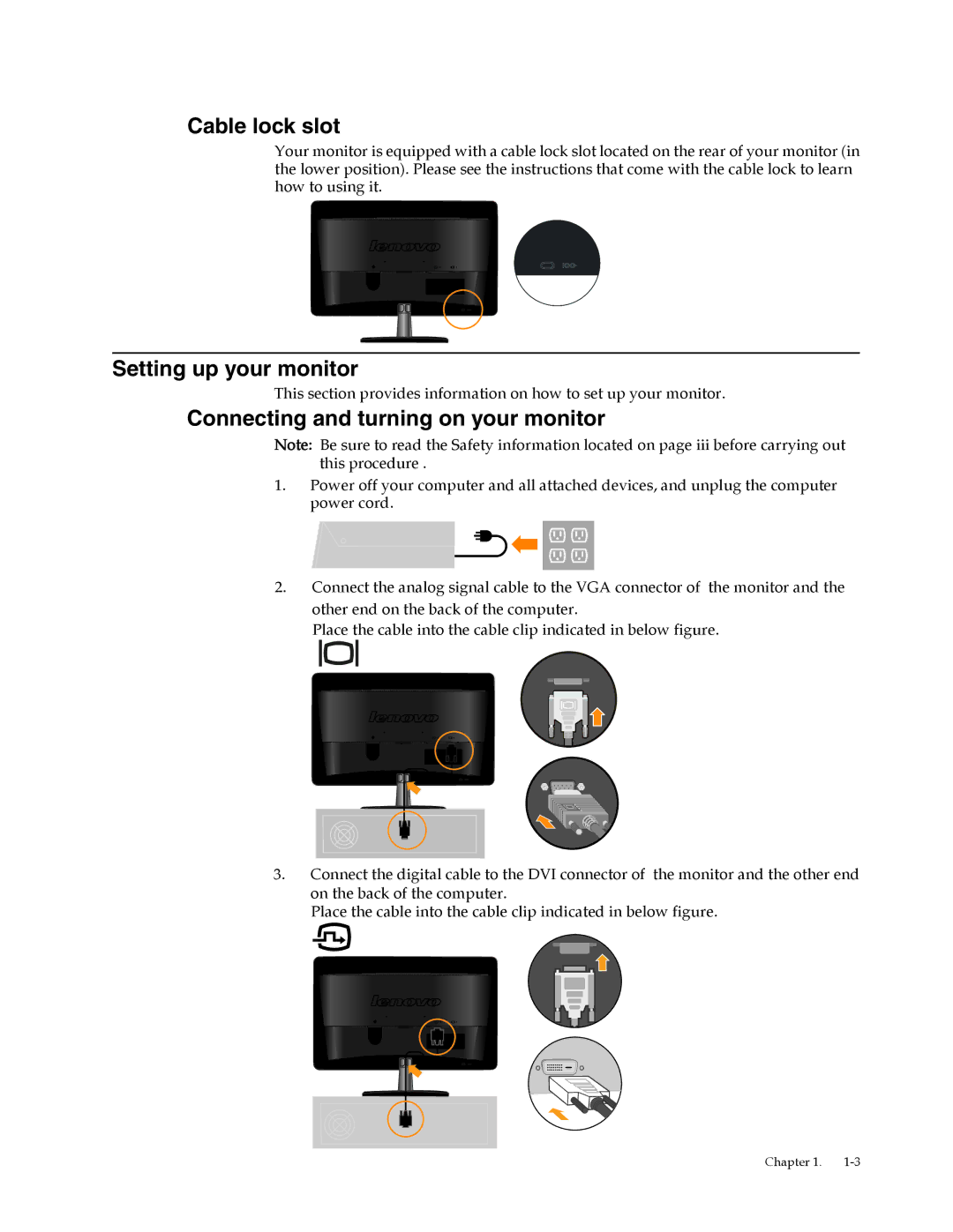 Lenovo L2062 manual Cable lock slot, Setting up your monitor, Connecting and turning on your monitor 