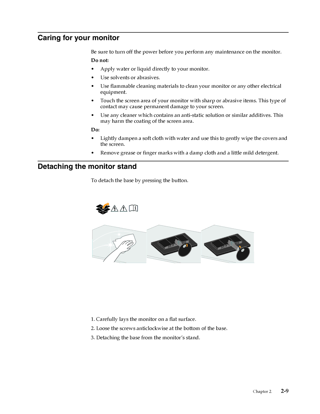 Lenovo L215 manual Caring for your monitor, Detaching the monitor stand 