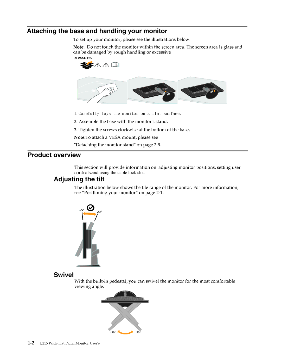 Lenovo L215 manual Attaching the base and handling your monitor, Product overview, Adjusting the tilt, Swivel 