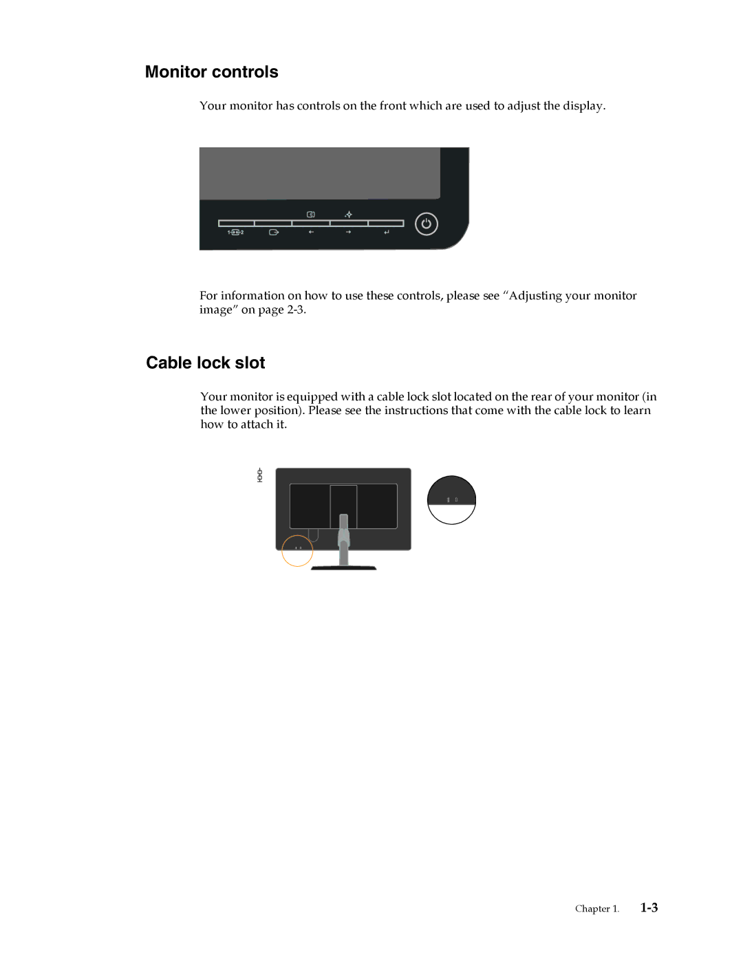 Lenovo L215 manual Monitor controls, Cable lock slot 