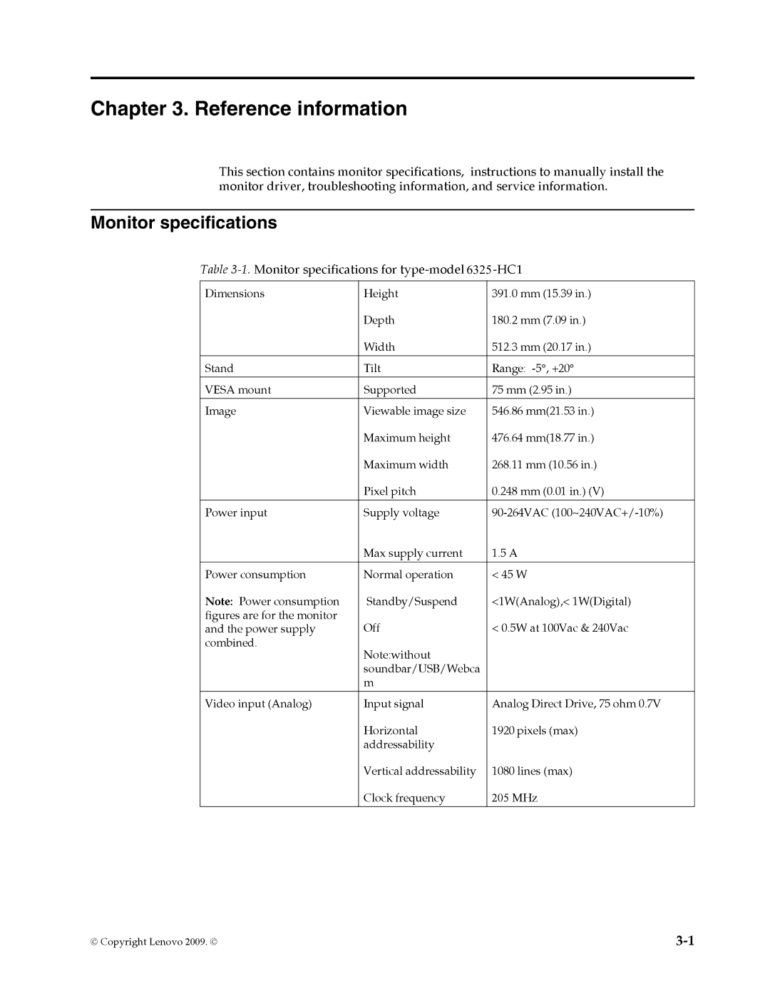 Lenovo L215p manual Reference information, Monitor specifications 