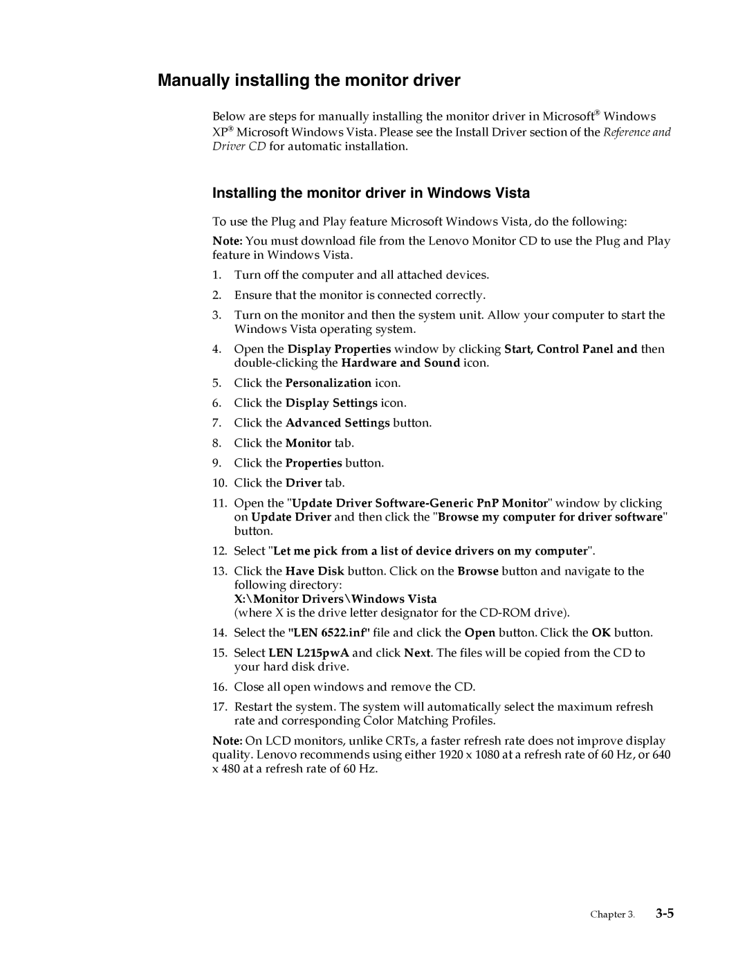 Lenovo L215p manual Manually installing the monitor driver, Installing the monitor driver in Windows Vista 