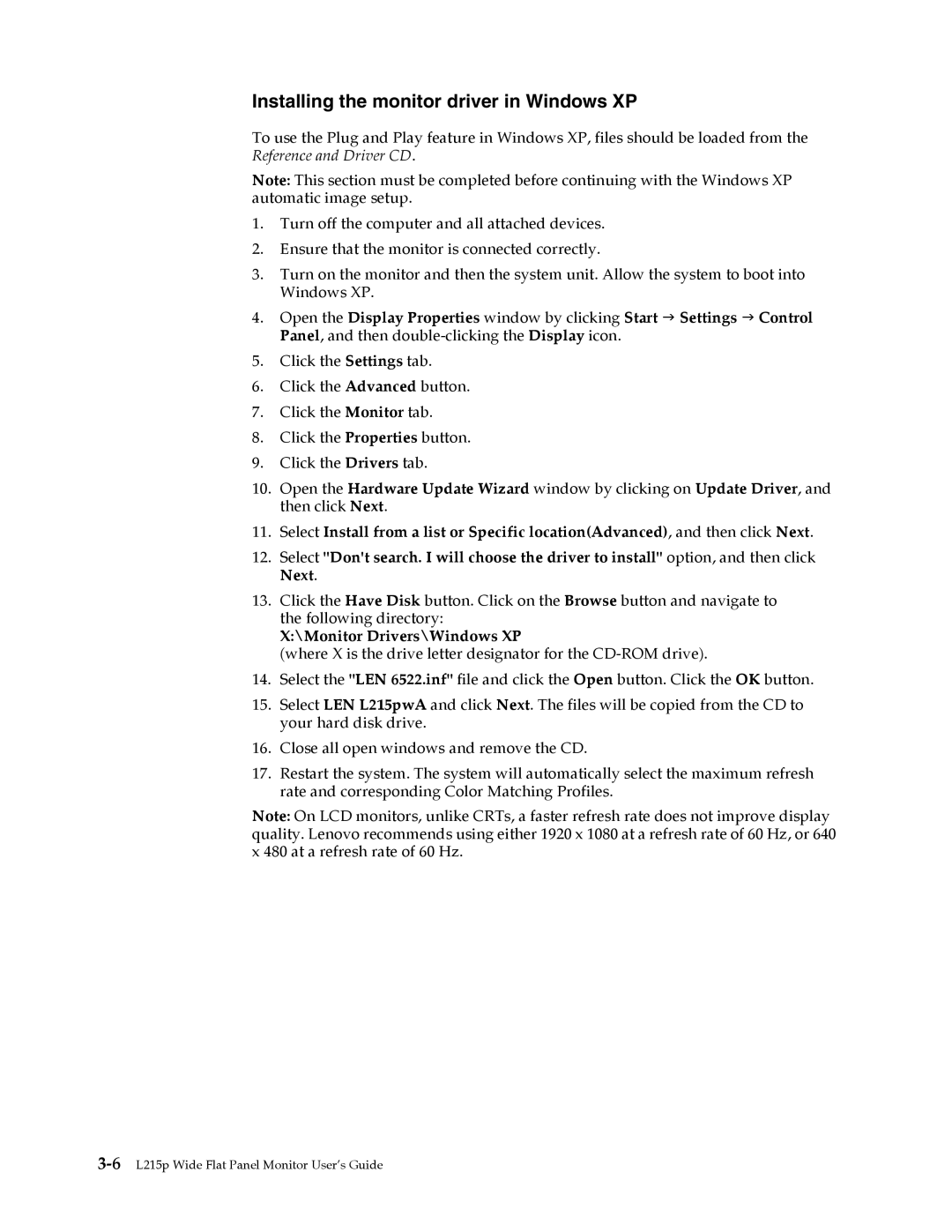 Lenovo L215p manual Installing the monitor driver in Windows XP 