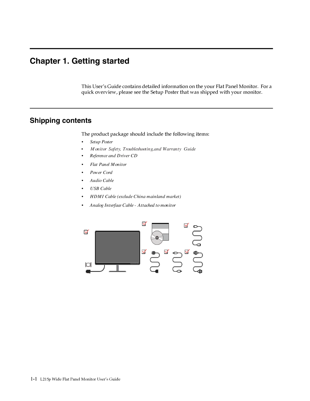 Lenovo L215p manual Getting started, Shipping contents 