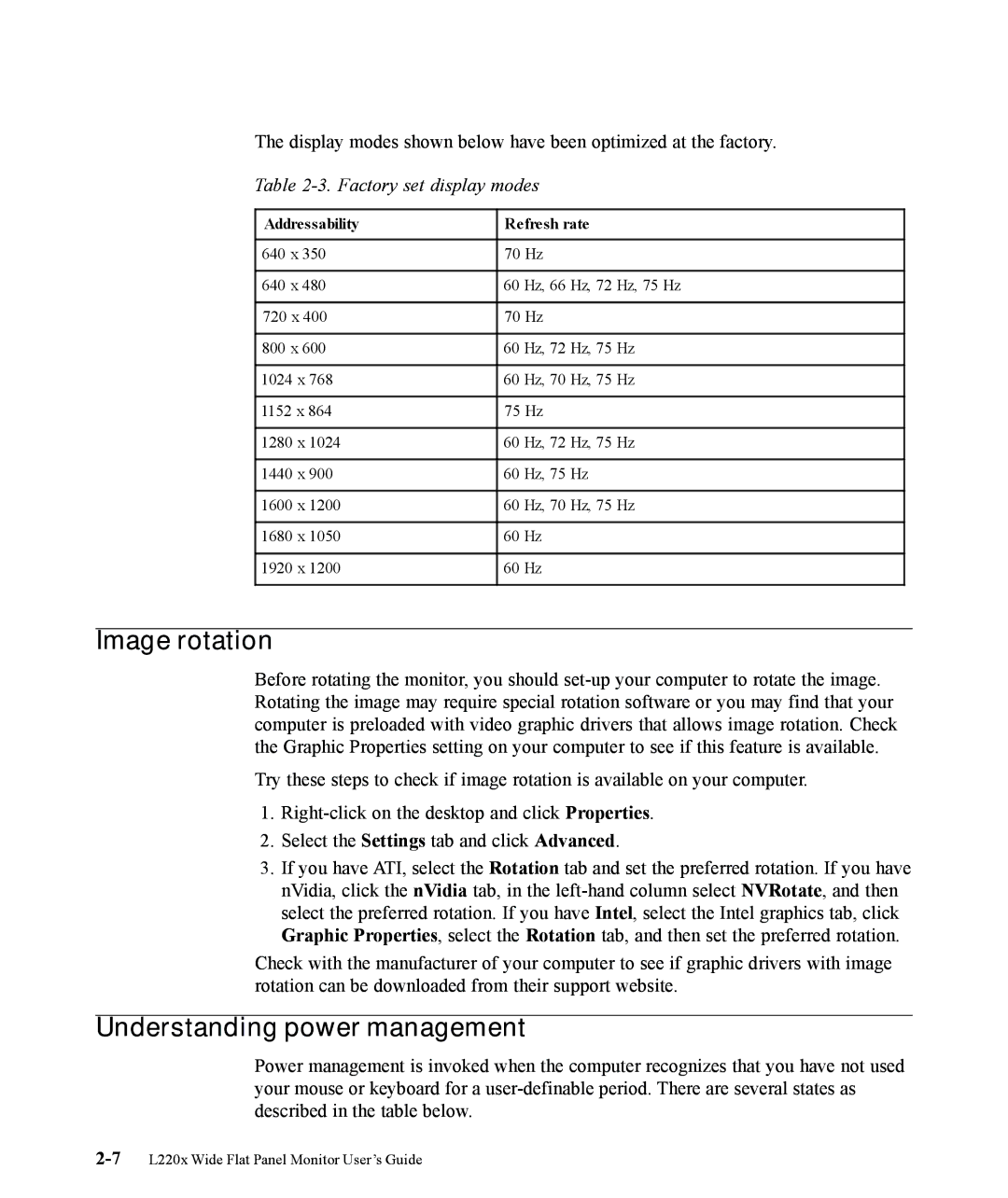 Lenovo L220x manual Image rotation, Understanding power management, Factory set display modes 