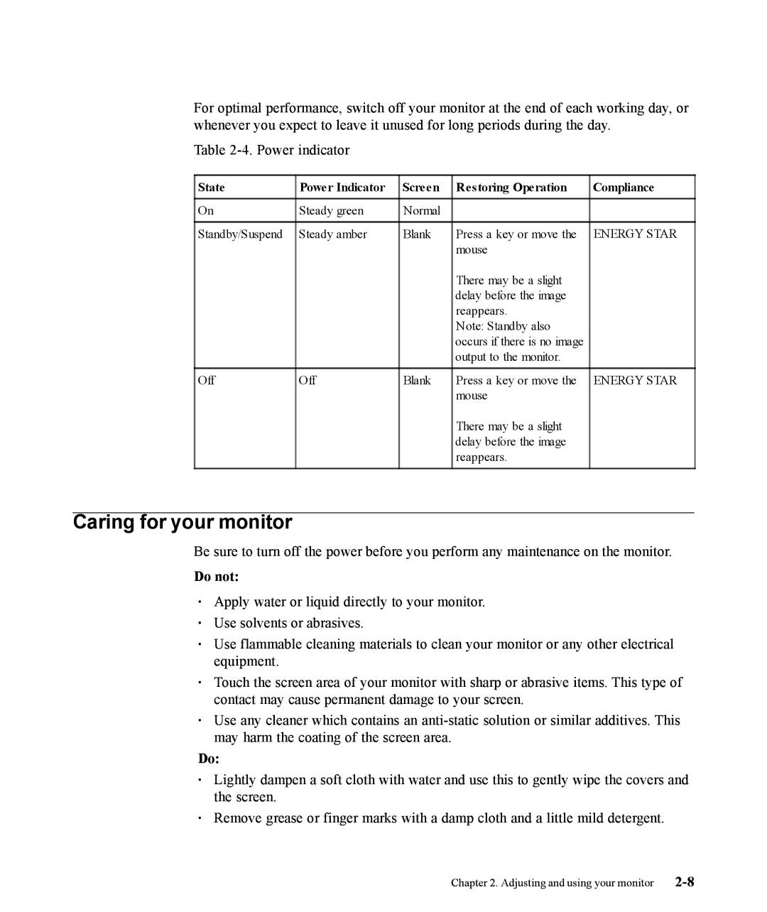Lenovo L220x manual Caring for your monitor, State Power Indicator Screen Restoring Operation Compliance 