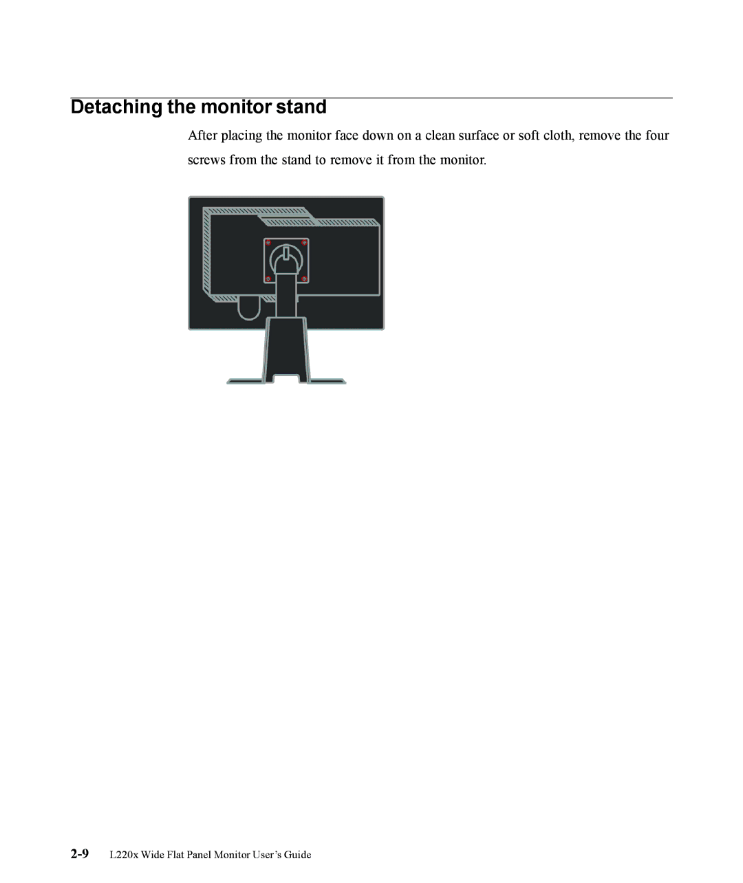 Lenovo L220x manual Detaching the monitor stand 