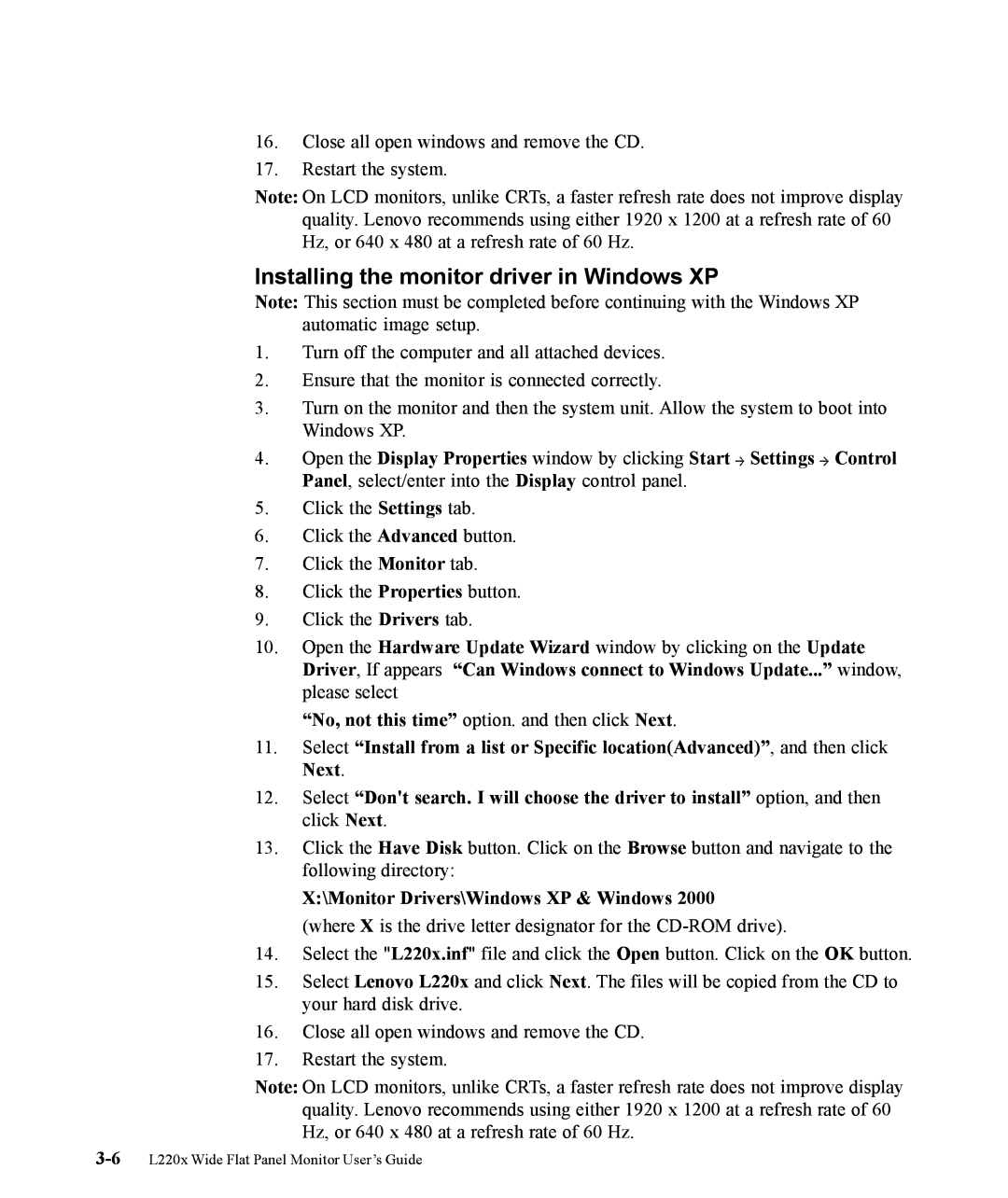 Lenovo L220x manual Installing the monitor driver in Windows XP, Monitor Drivers\Windows XP & Windows 