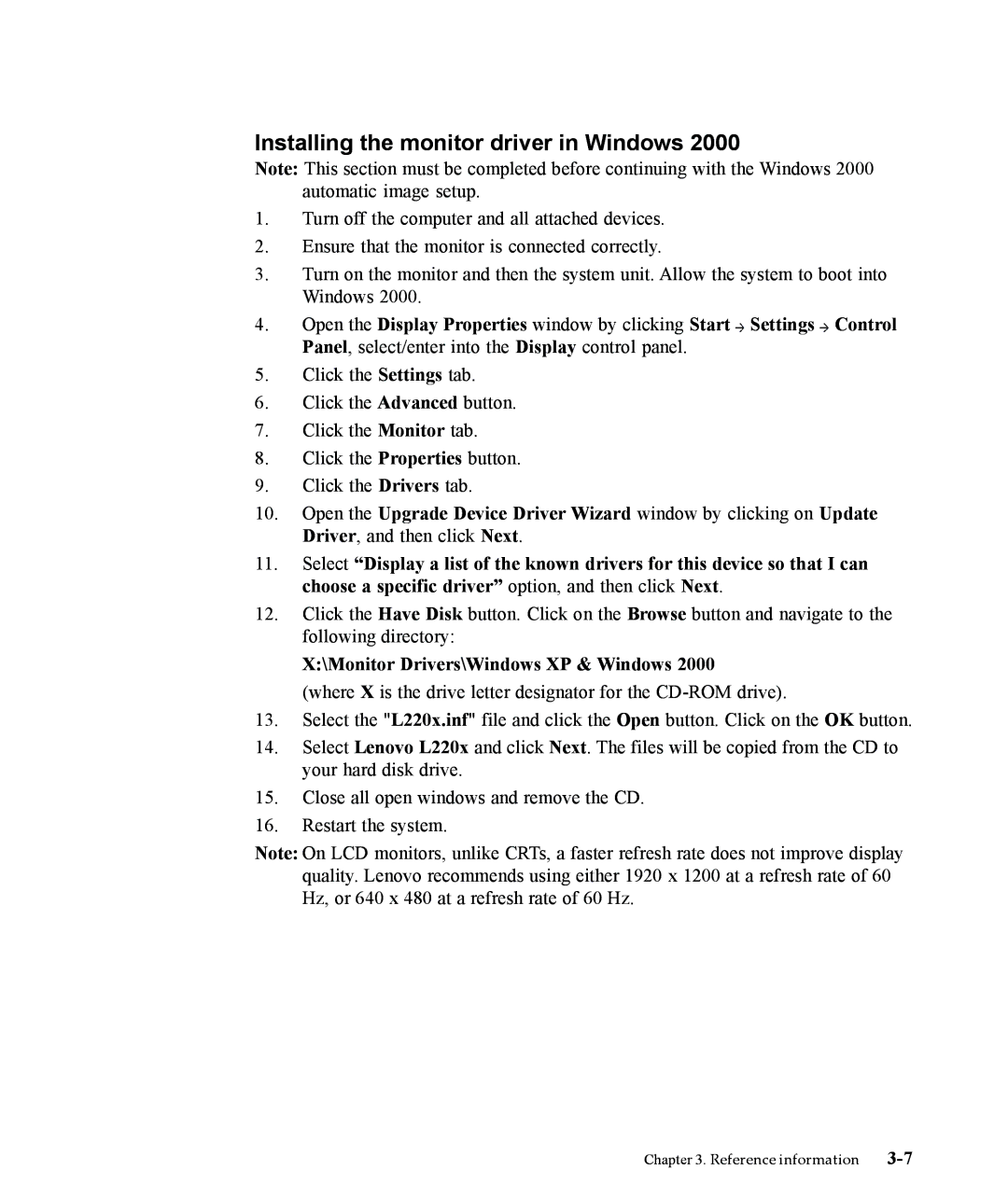 Lenovo L220x manual Installing the monitor driver in Windows 