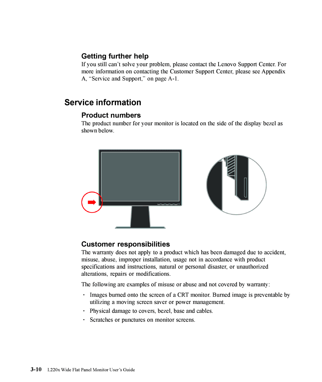 Lenovo L220x manual Service information, Getting further help, Product numbers, Customer responsibilities 