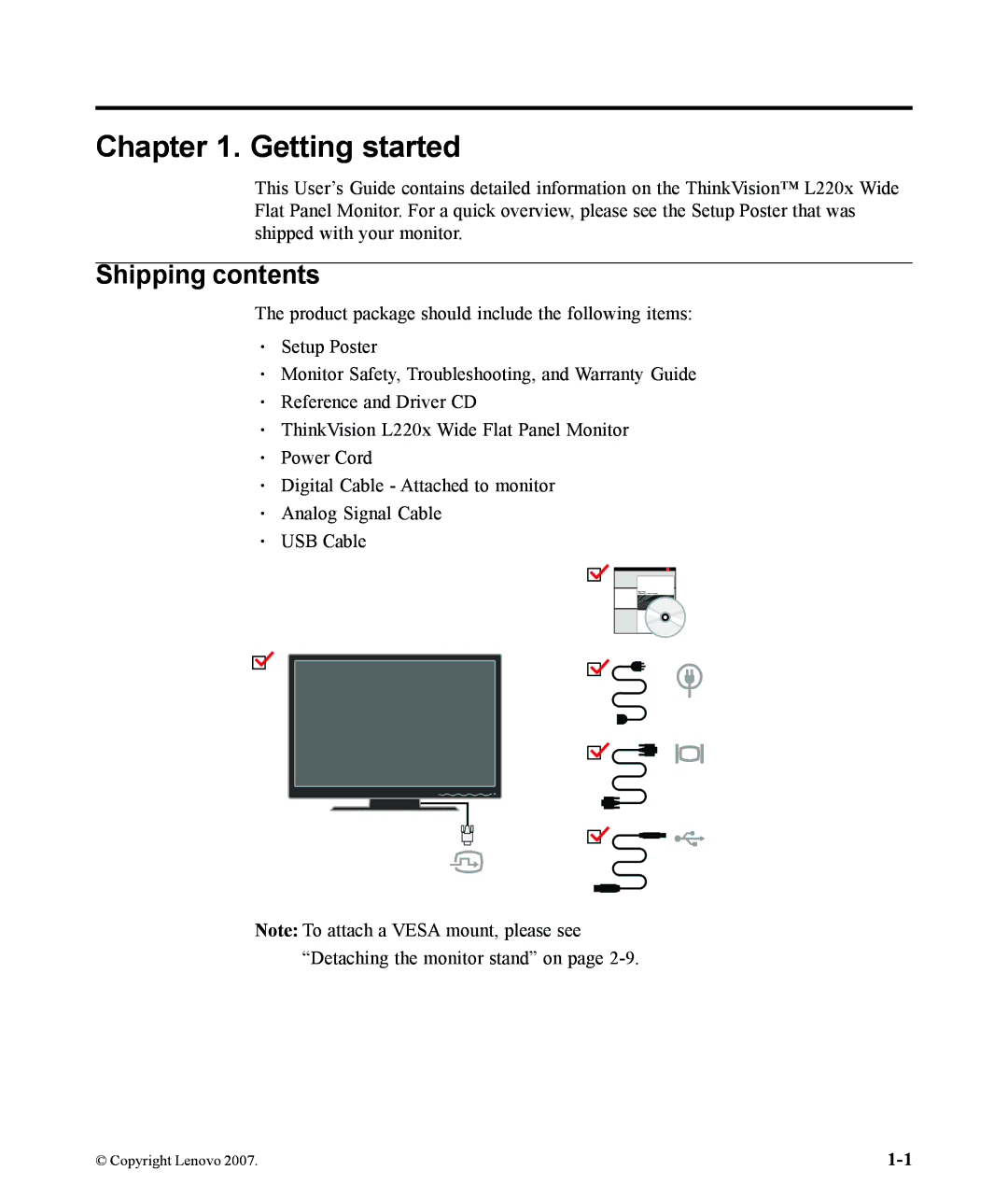 Lenovo L220x manual Getting started, Shipping contents 