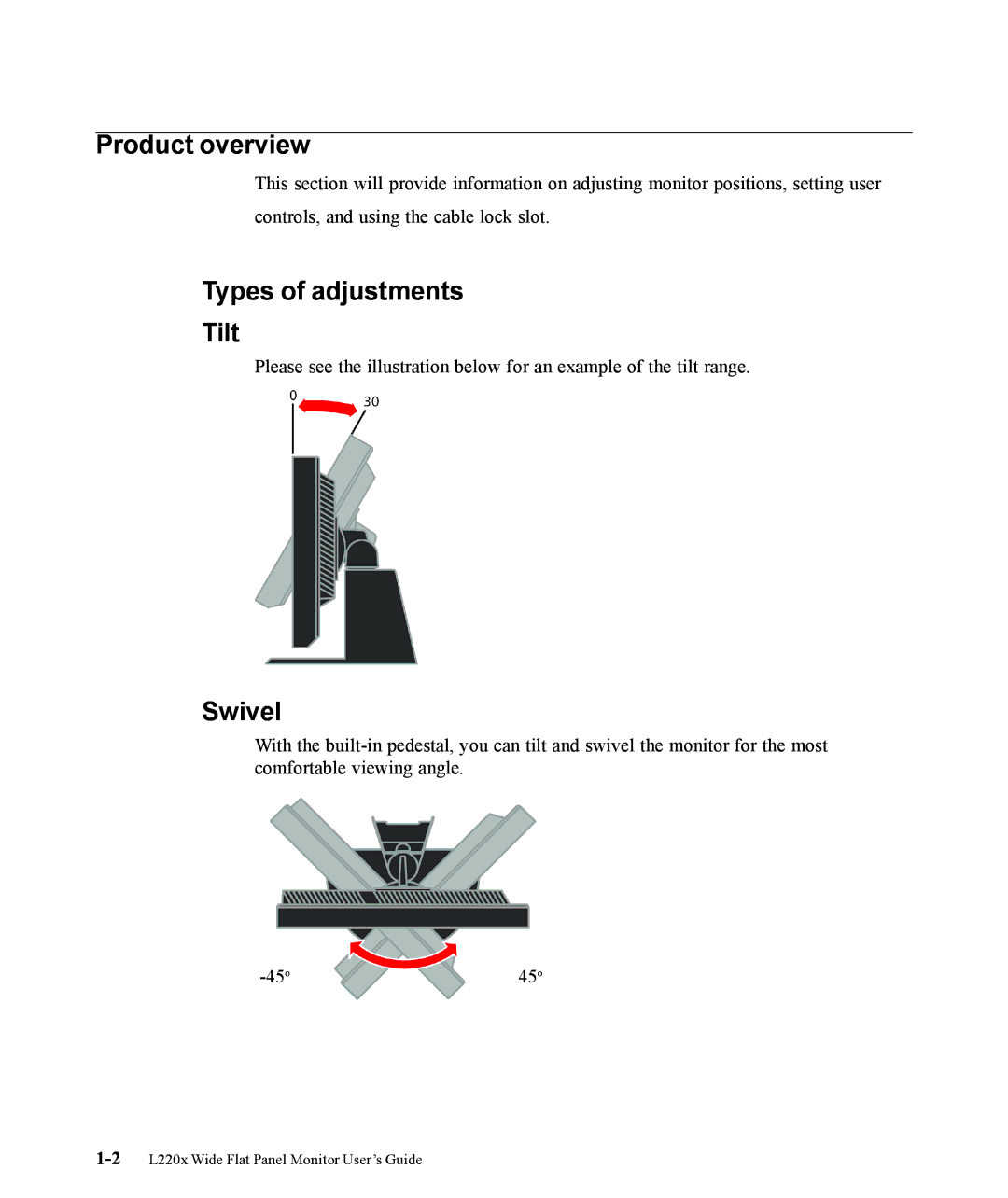 Lenovo L220x manual Product overview, Types of adjustments Tilt, Swivel 