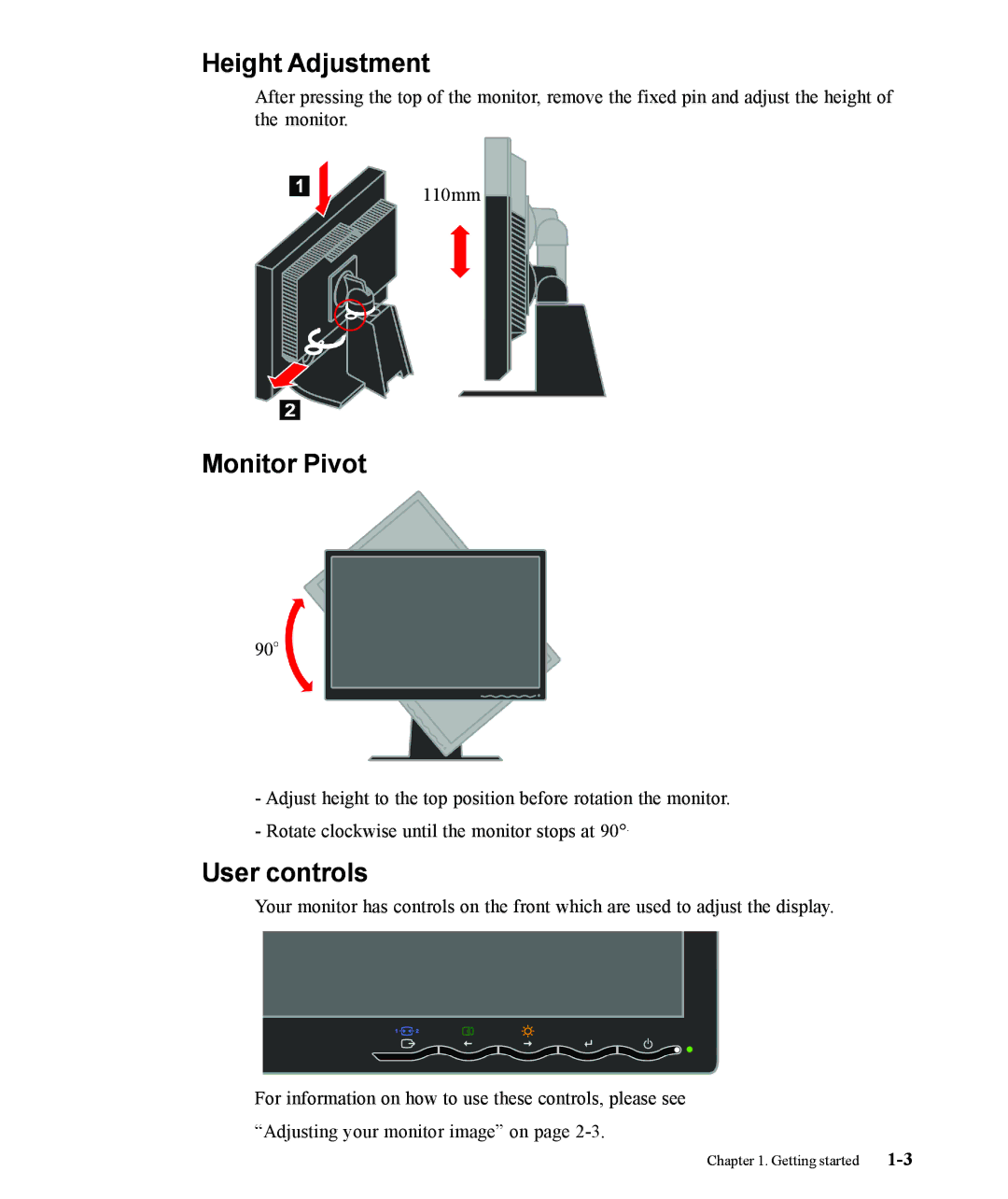 Lenovo L220x manual Height Adjustment, Monitor Pivot, User controls 