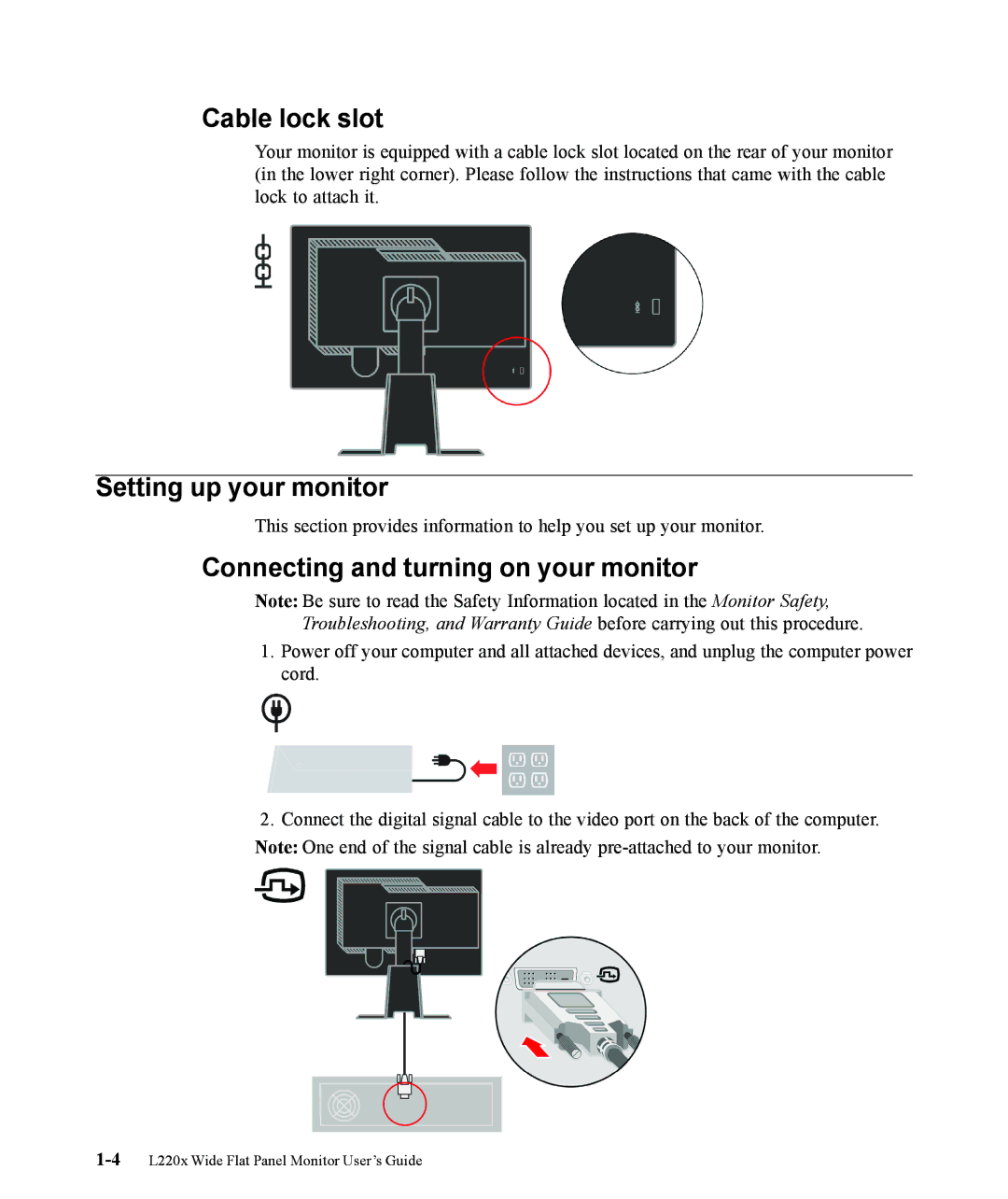 Lenovo L220x manual Cable lock slot, Setting up your monitor, Connecting and turning on your monitor 