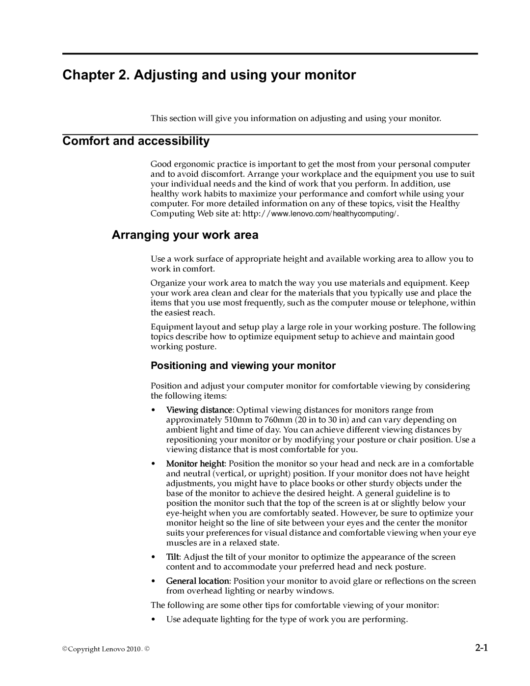 Lenovo L2230x user manual Adjusting and using your monitor, Comfort and accessibility Arranging your work area 