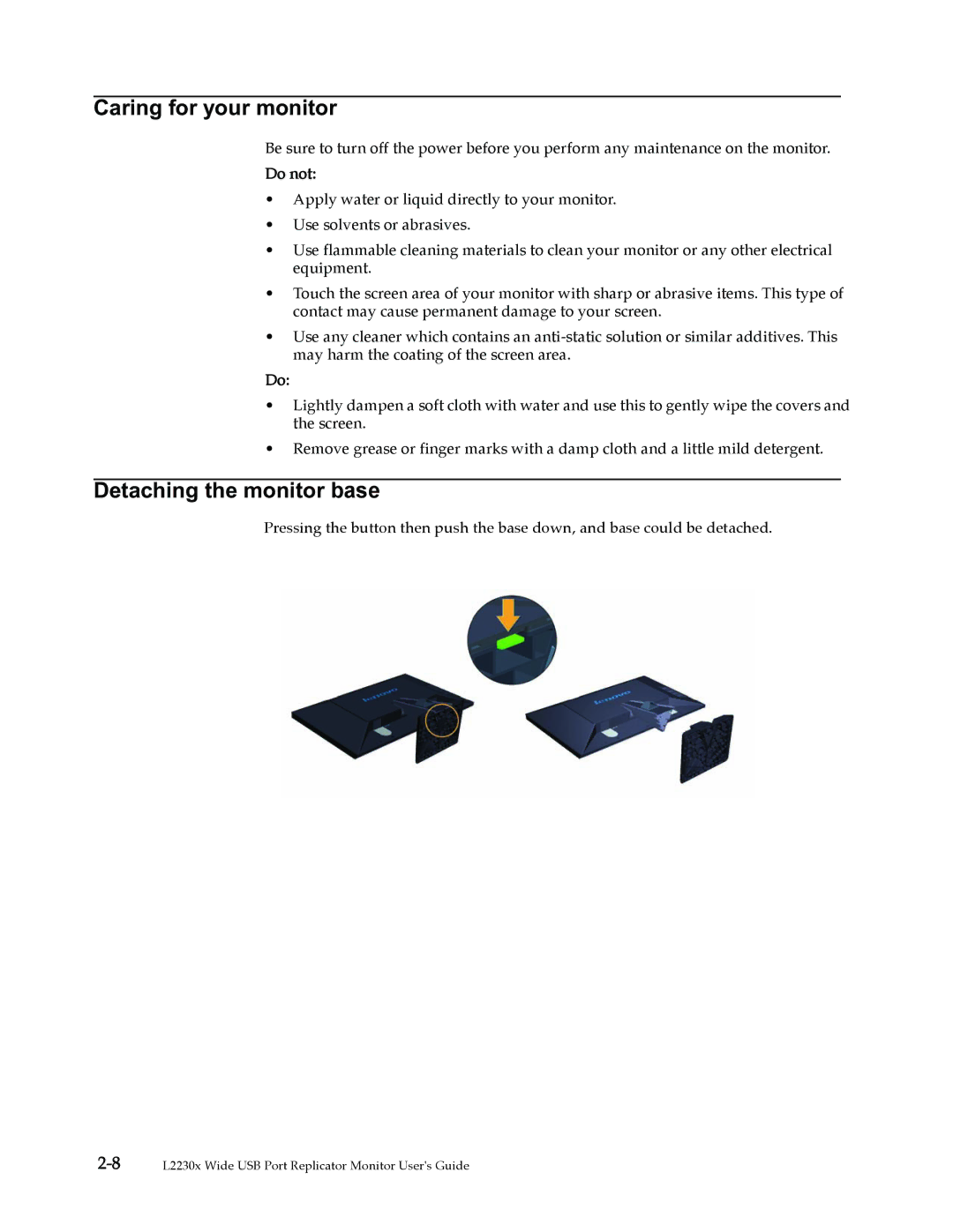 Lenovo L2230x user manual Caring for your monitor, Detaching the monitor base 