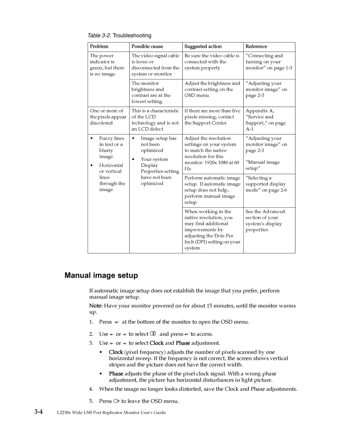 Lenovo L2230x user manual Manual image setup, Problem Possible cause Suggested action Reference 