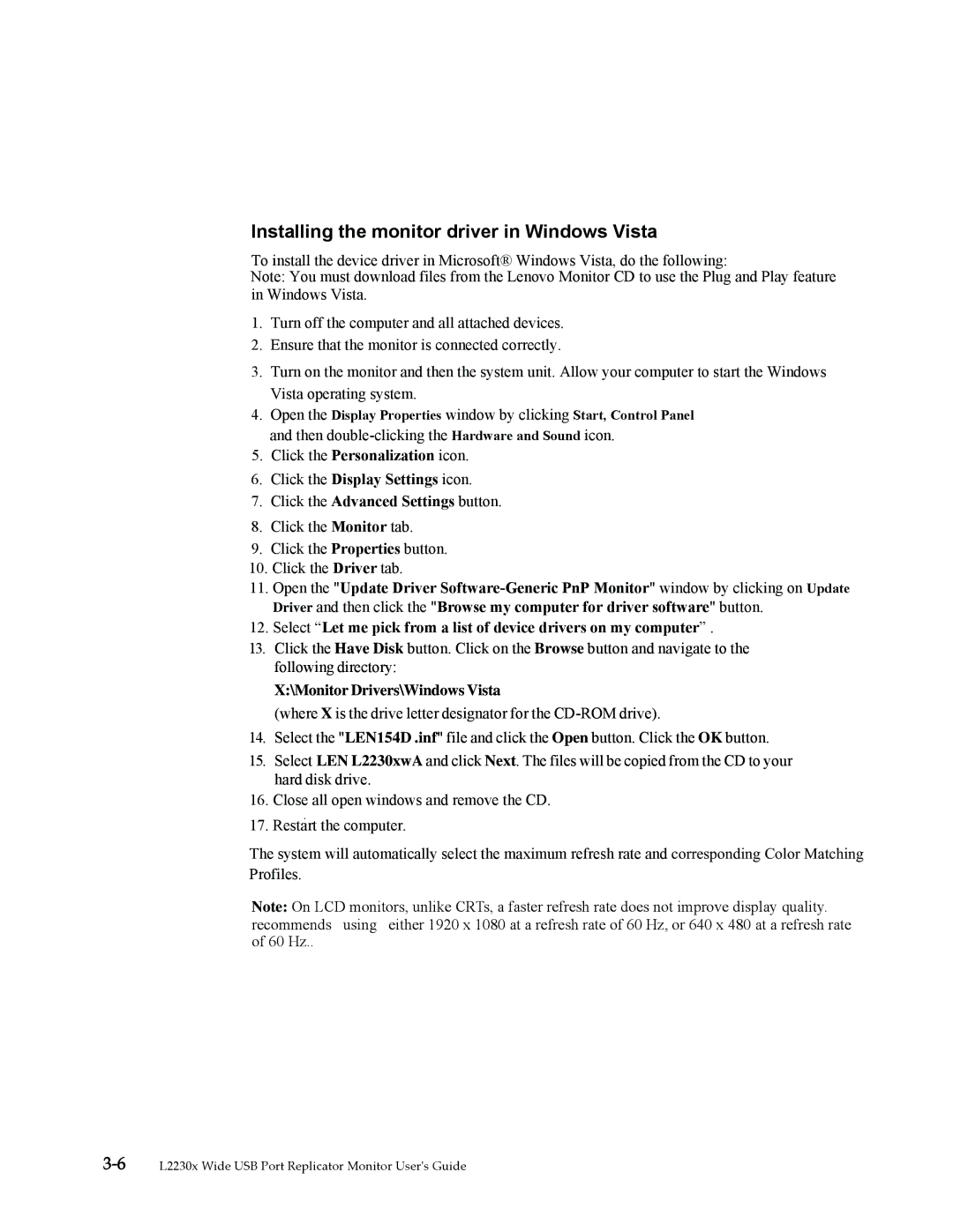Lenovo L2230x user manual Installing the monitor driver in Windows Vista 