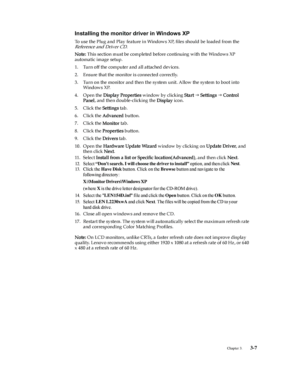 Lenovo L2230x user manual Installing the monitor driver in Windows XP 