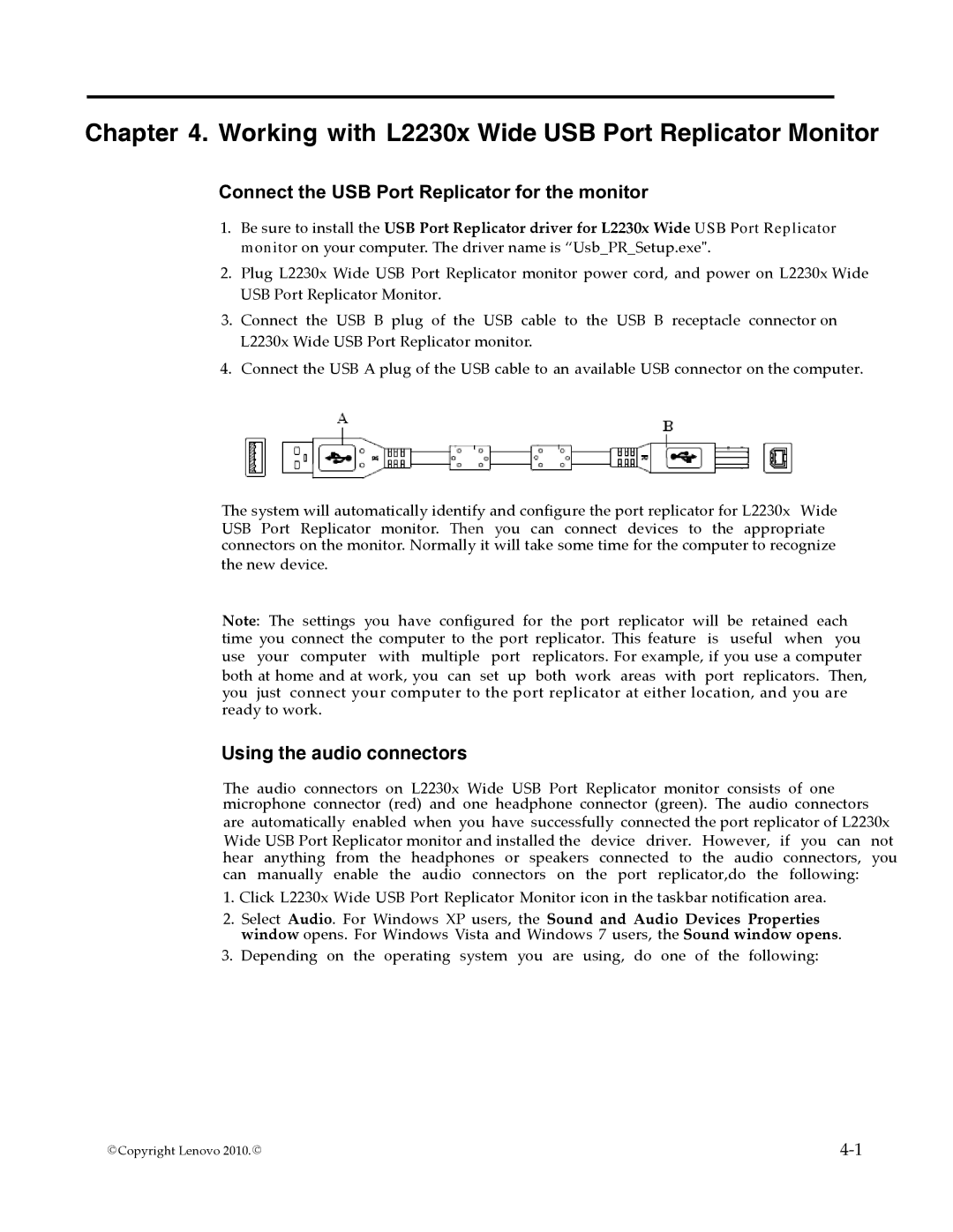 Lenovo user manual Working with L2230x Wide USB Port Replicator Monitor 