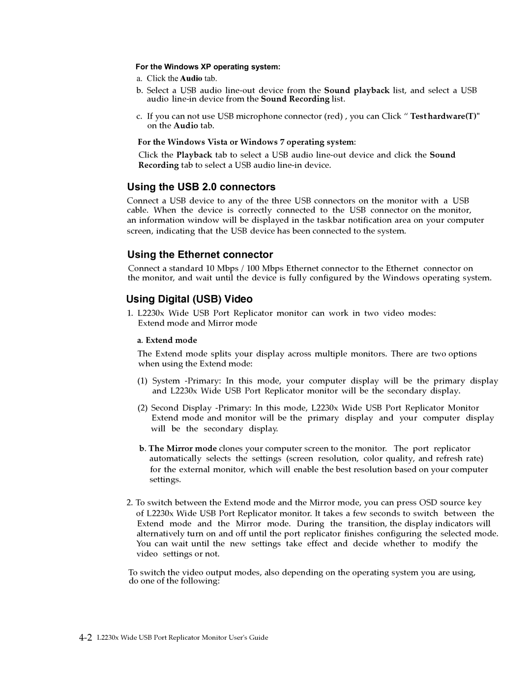 Lenovo L2230x user manual Using the USB 2.0 connectors 