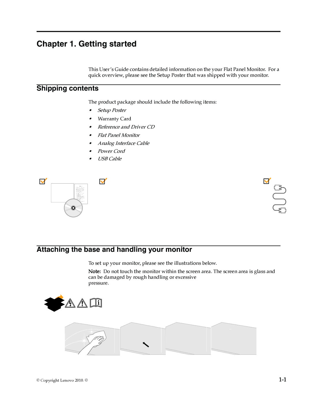 Lenovo L2230x user manual Shipping contents, Attaching the base and handling your monitor 