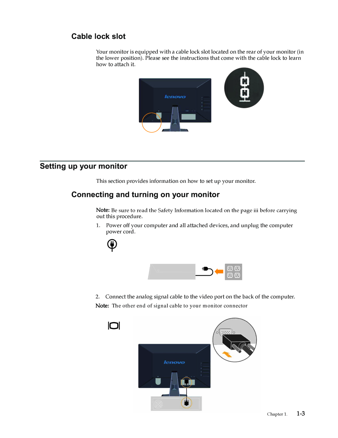 Lenovo L2230x user manual Cable lock slot, Setting up your monitor, Connecting and turning on your monitor 