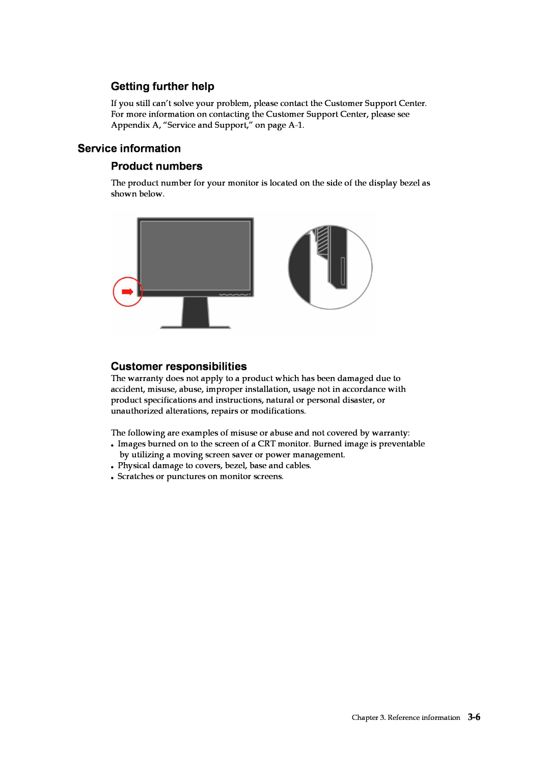 Lenovo L2240p manual Getting further help, Service information Product numbers, Customer responsibilities 