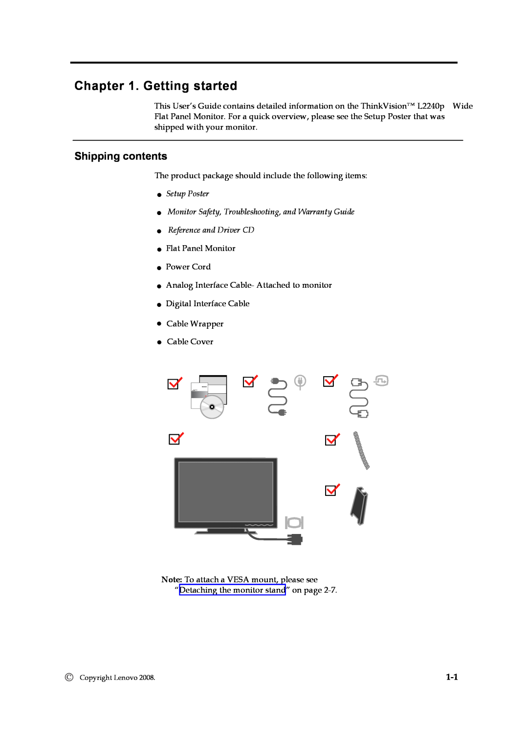 Lenovo L2240p manual Getting started, Shipping contents, Setup Poster, Reference and Driver CD 