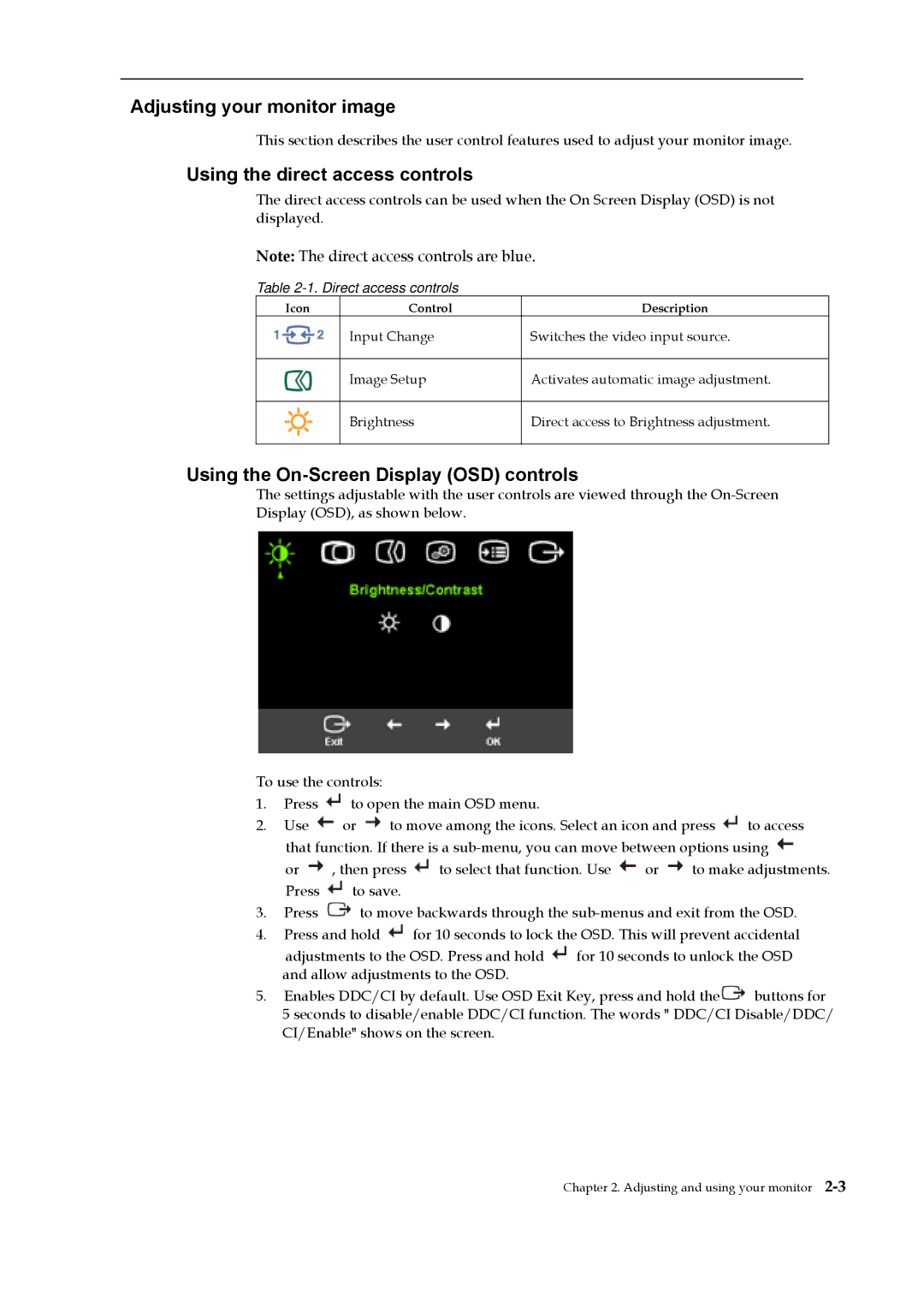 Lenovo L2240p Adjusting your monitor image, Using the direct access controls, Using the On-Screen Display OSD controls 