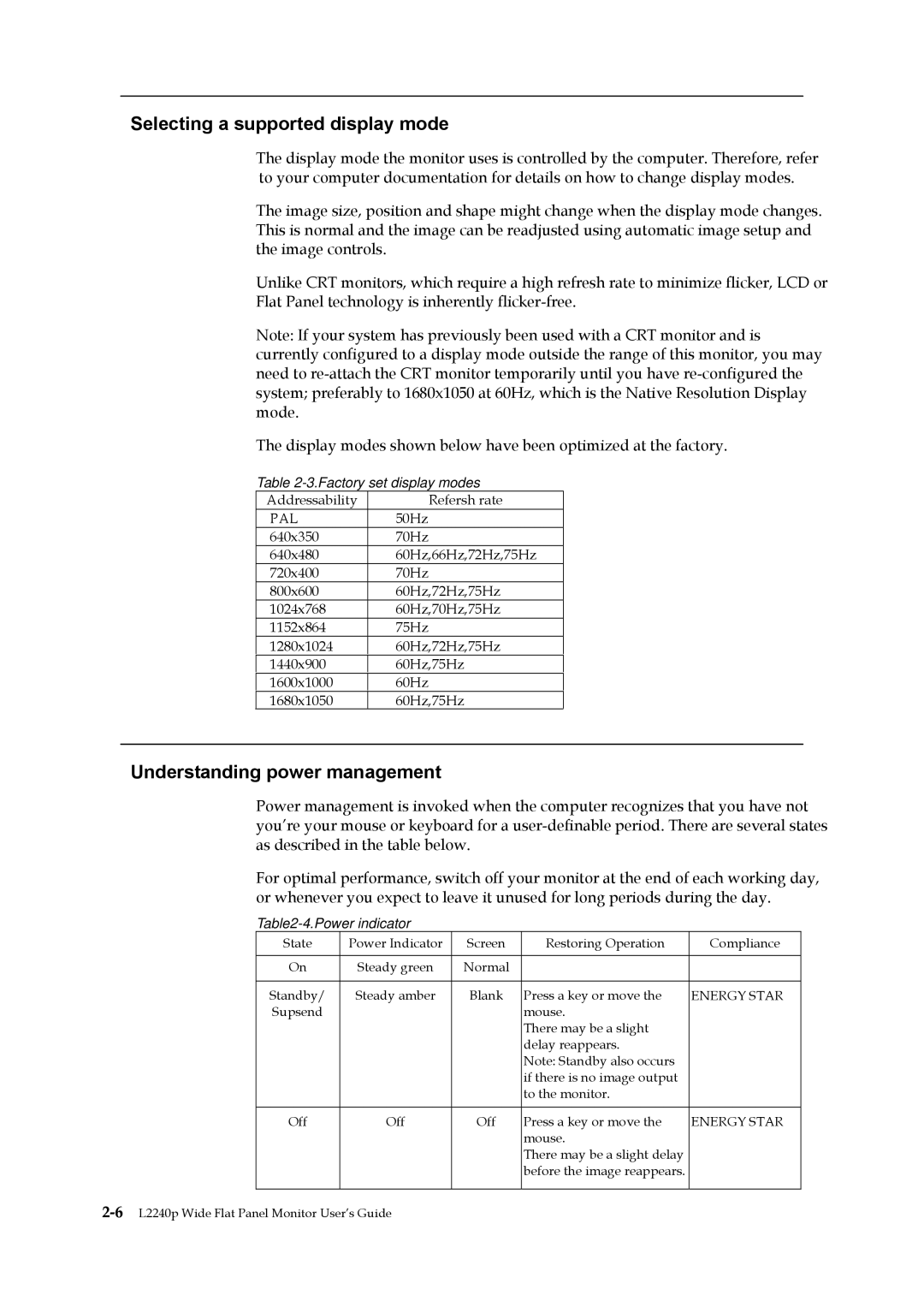 Lenovo L2240p manual Selecting a supported display mode, Understanding power management 