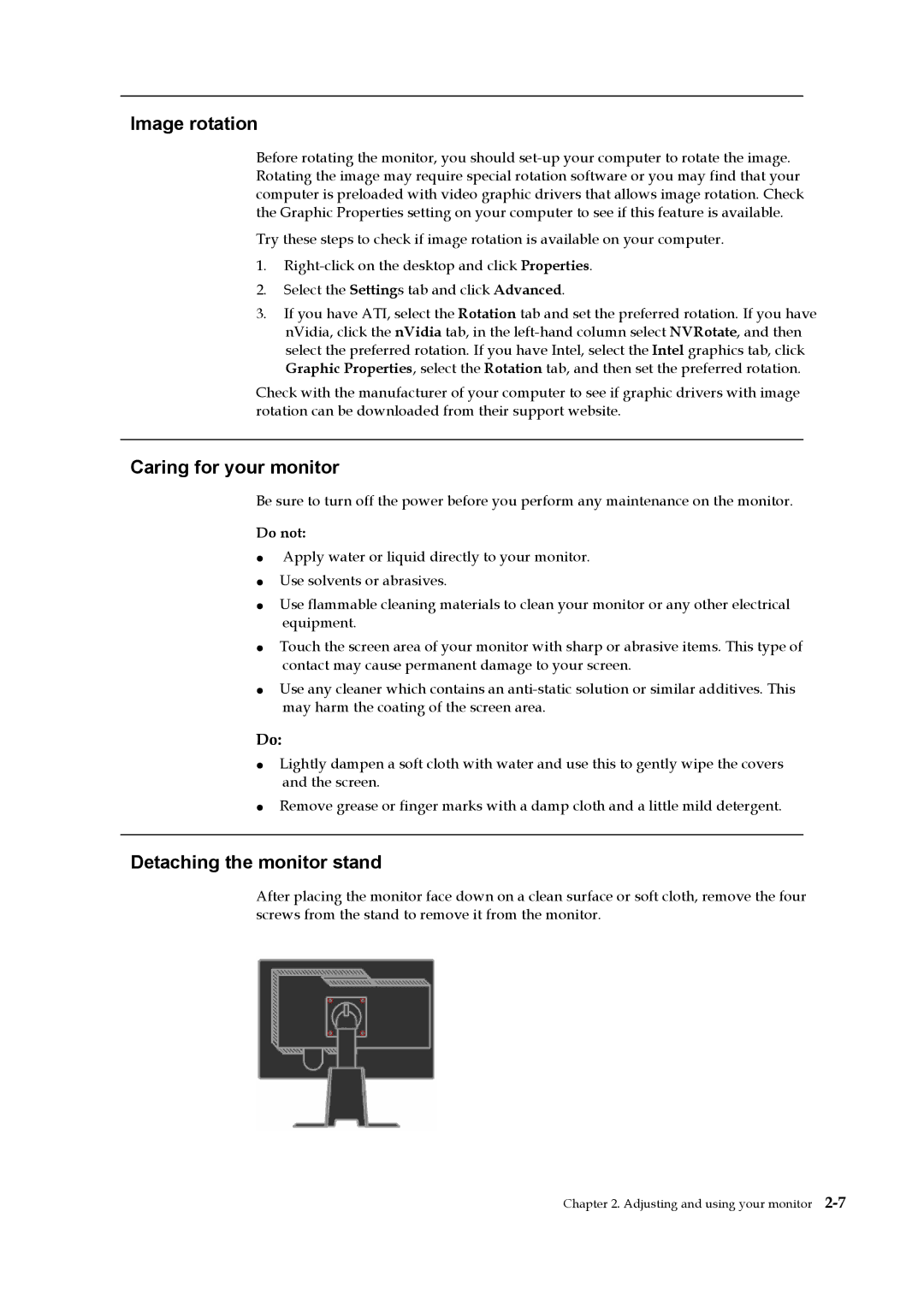 Lenovo L2240p manual Image rotation, Caring for your monitor, Detaching the monitor stand 