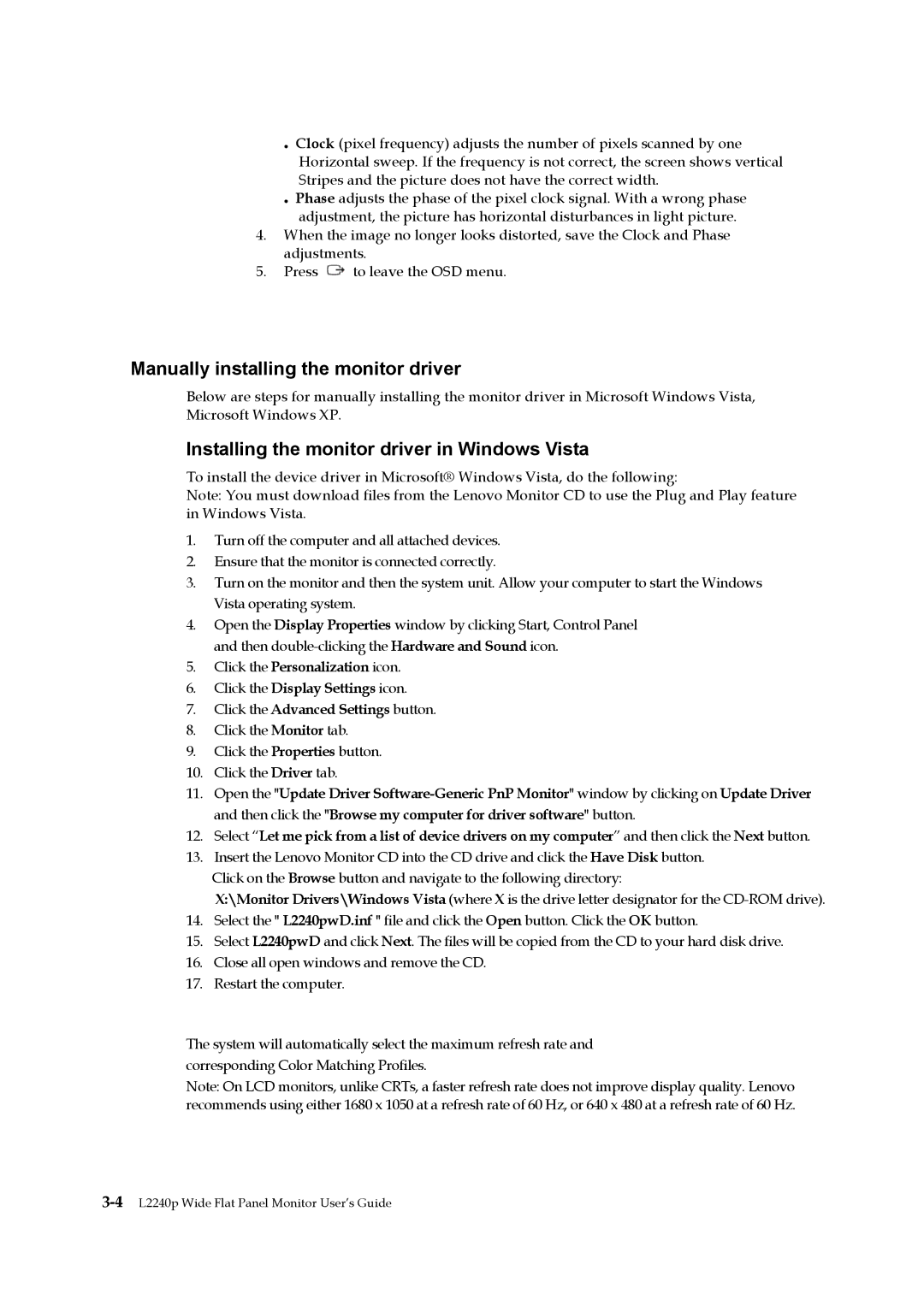 Lenovo L2240p manual Manually installing the monitor driver, Installing the monitor driver in Windows Vista 