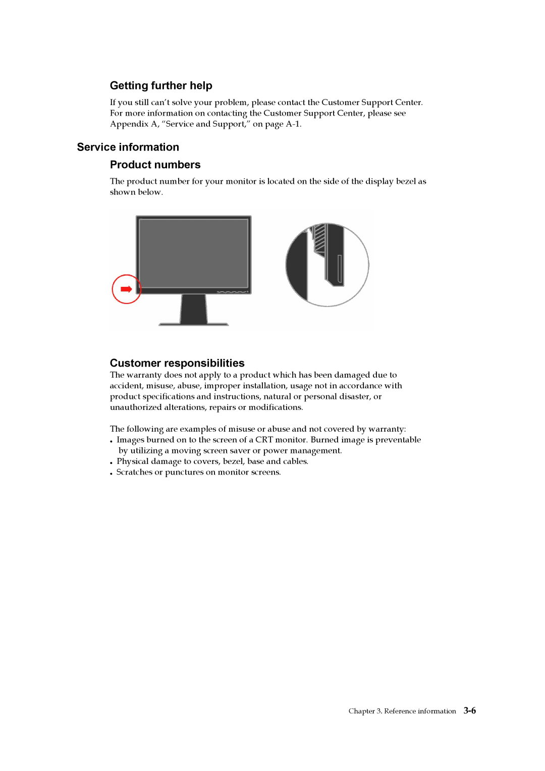 Lenovo L2240p manual Getting further help, Service information Product numbers, Customer responsibilities 