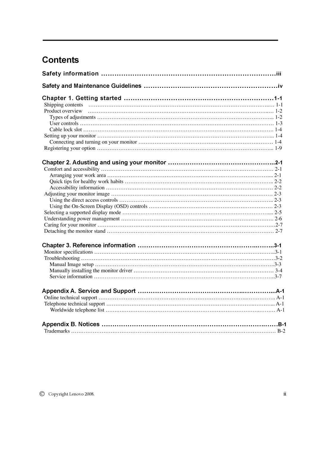 Lenovo L2240p manual Contents 