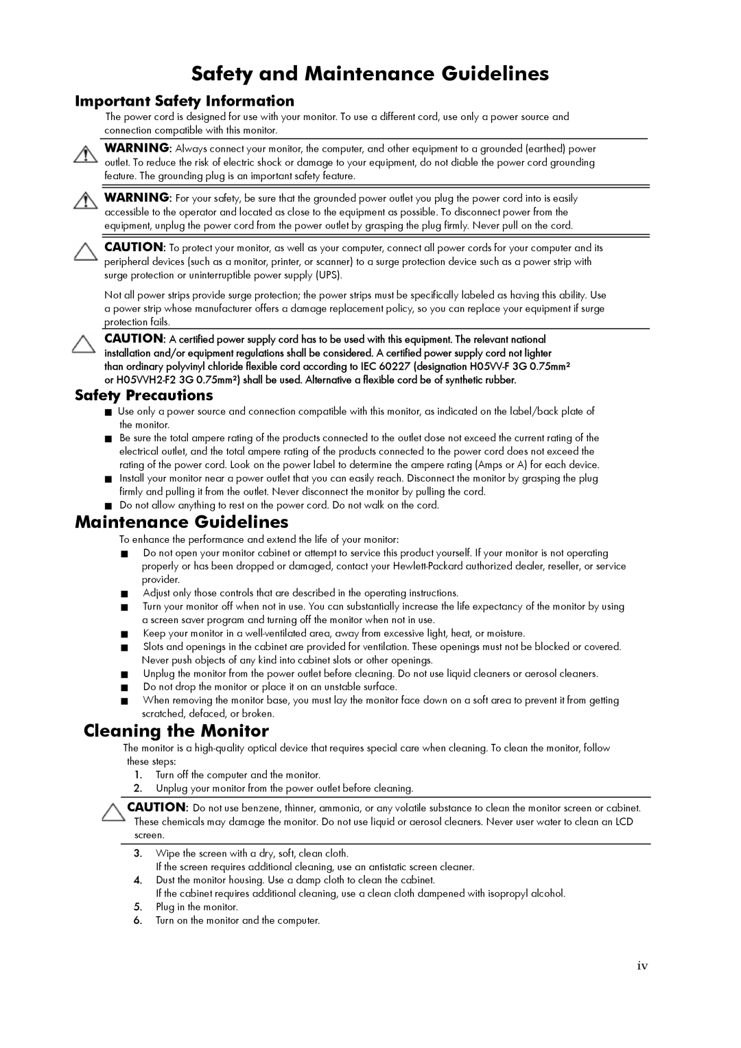 Lenovo L2240p manual Maintenance Guidelines, Cleaning the Monitor, Important Safety Information, Safety Precautions 