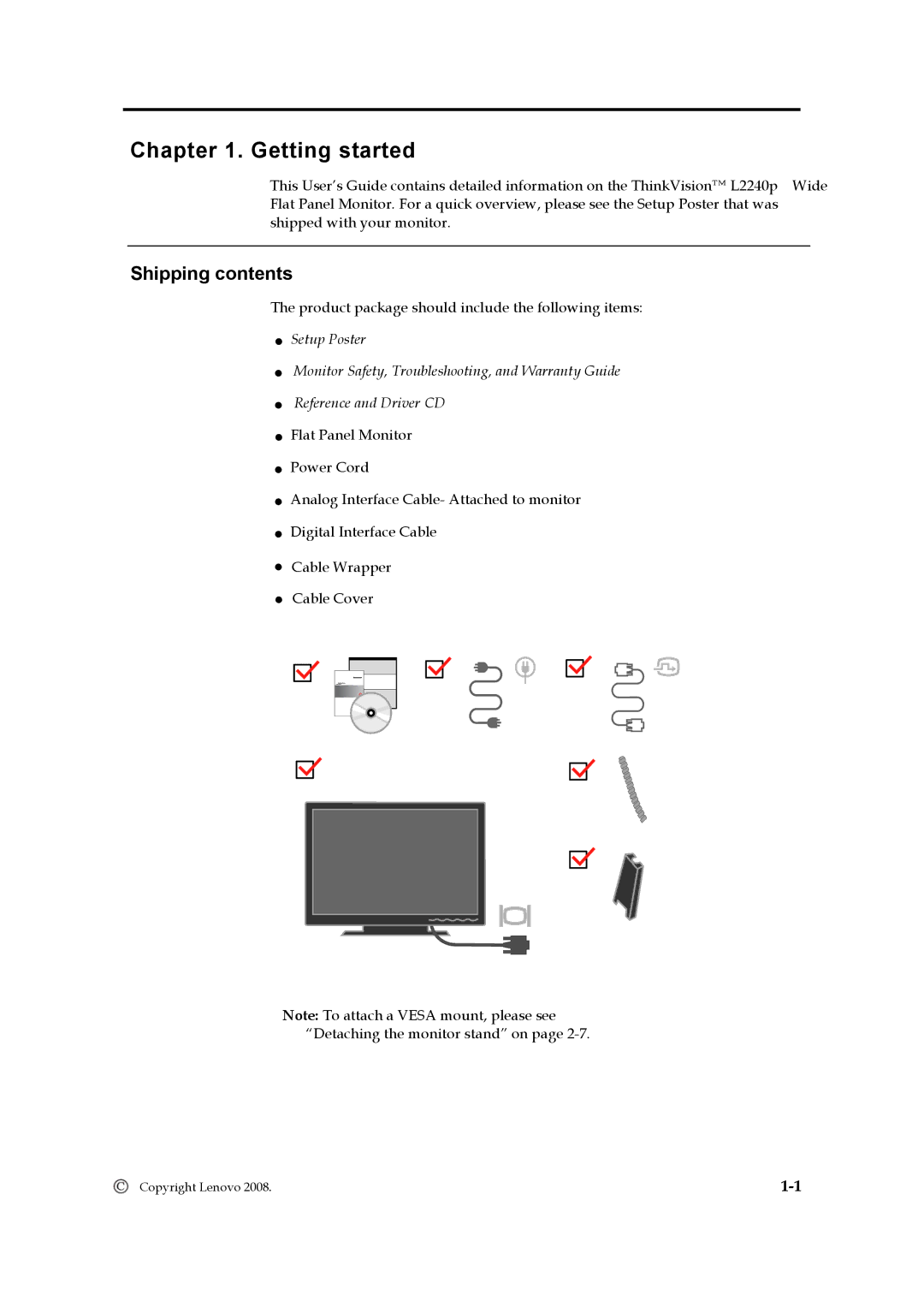 Lenovo L2240p manual Getting started, Shipping contents 